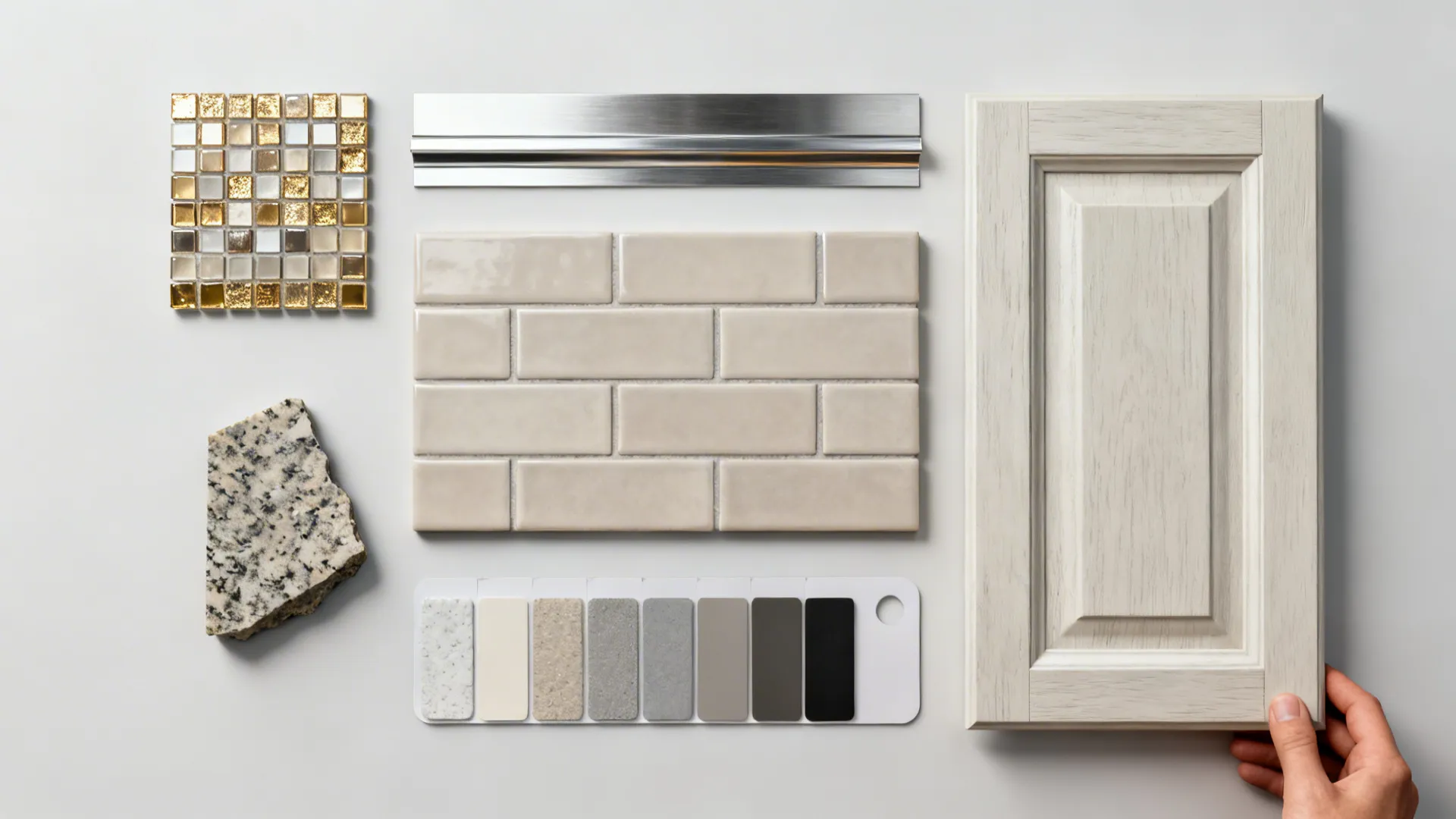Top-down flatlay of tile, metal trim, granite chip and grout swatches for backsplash planning