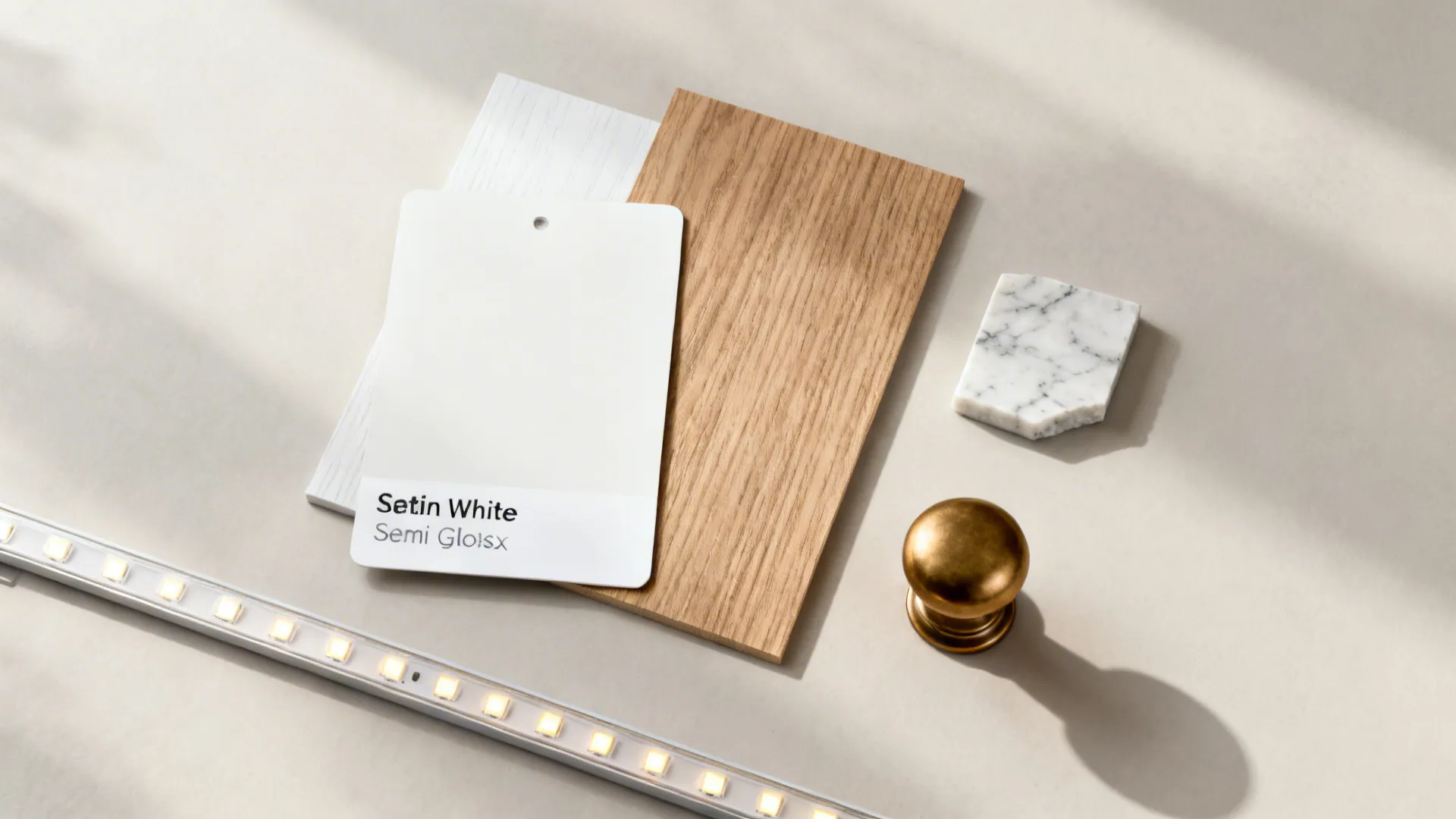 Top-down flatlay of paint, wood, quartz and hardware samples for white kitchen design