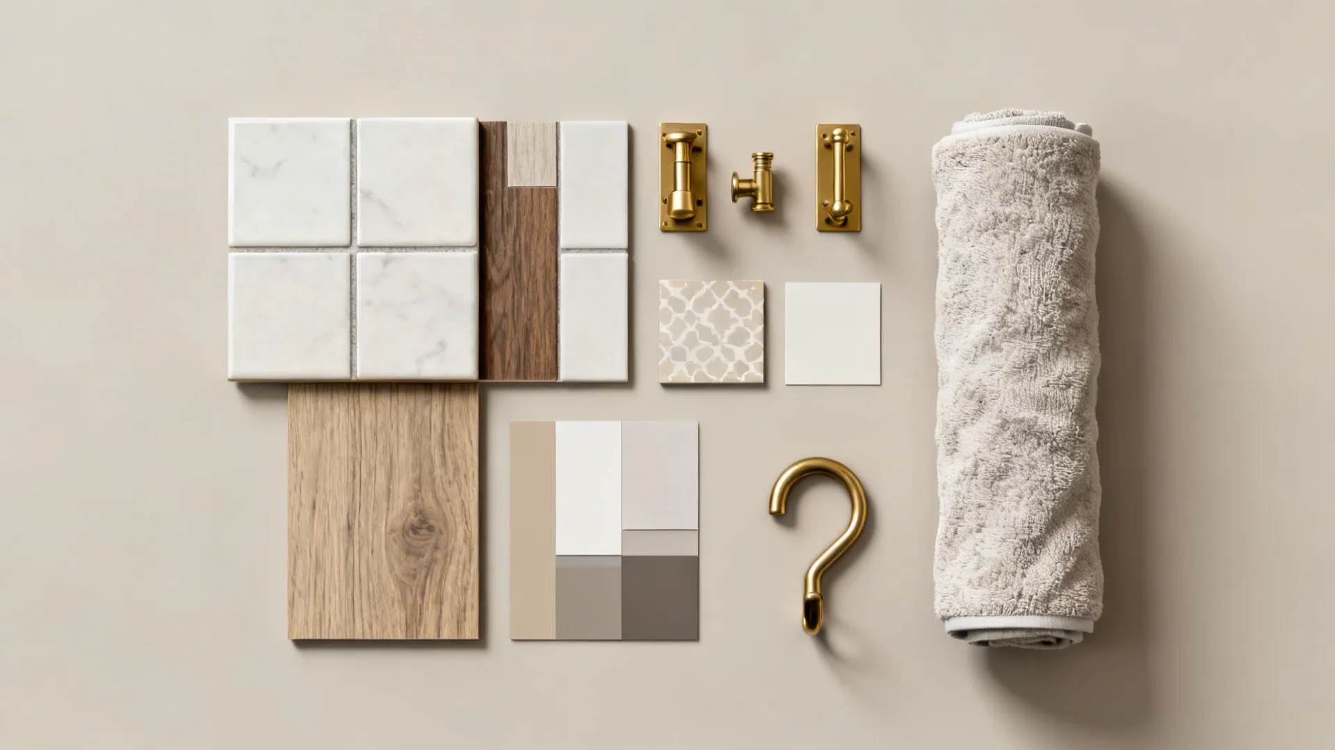 Flatlay of moisture-resistant material samples and fixtures for small powder rooms