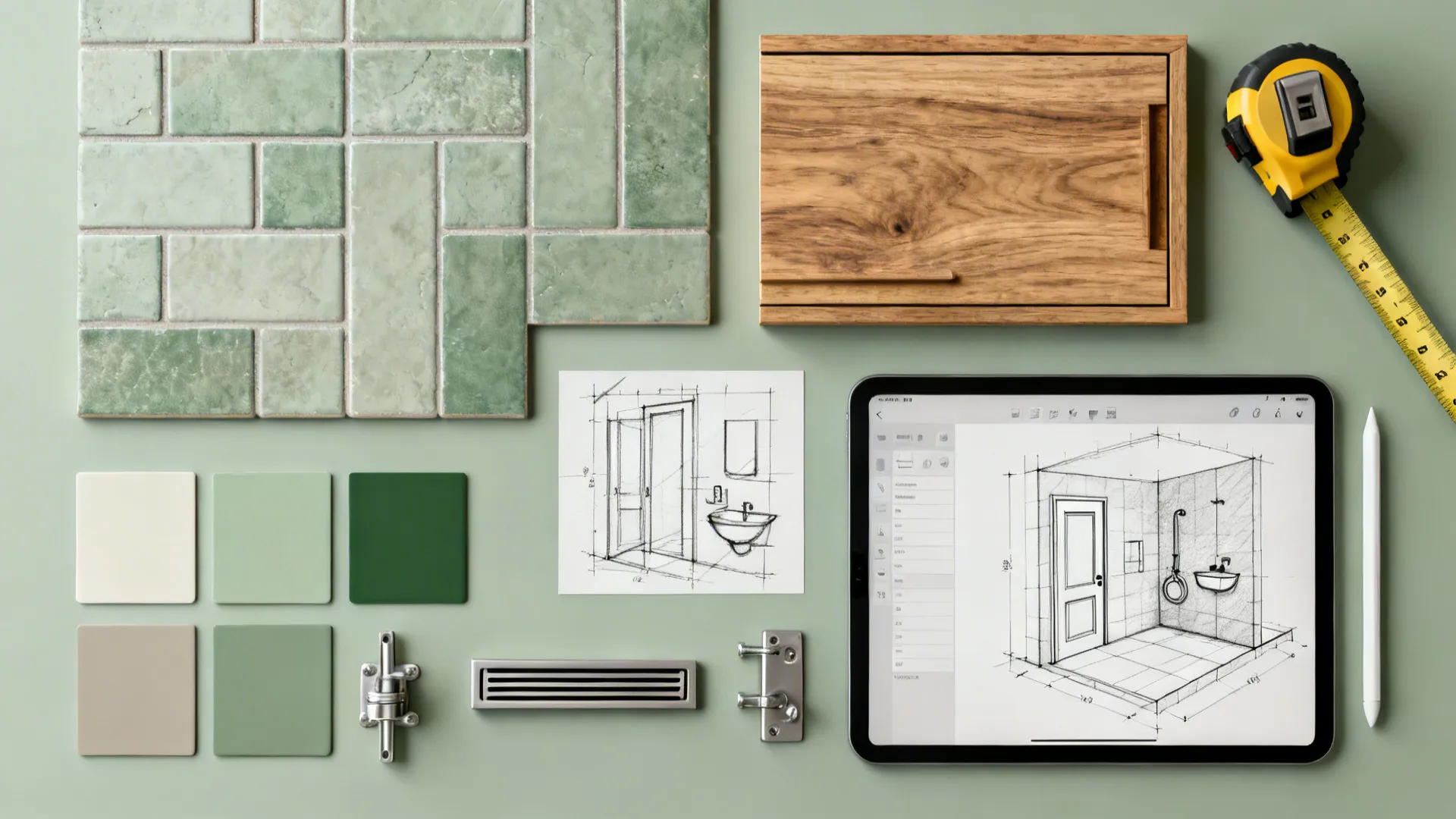 Flat lay of green tiles wood sample color swatches sketches and tablet with room layout