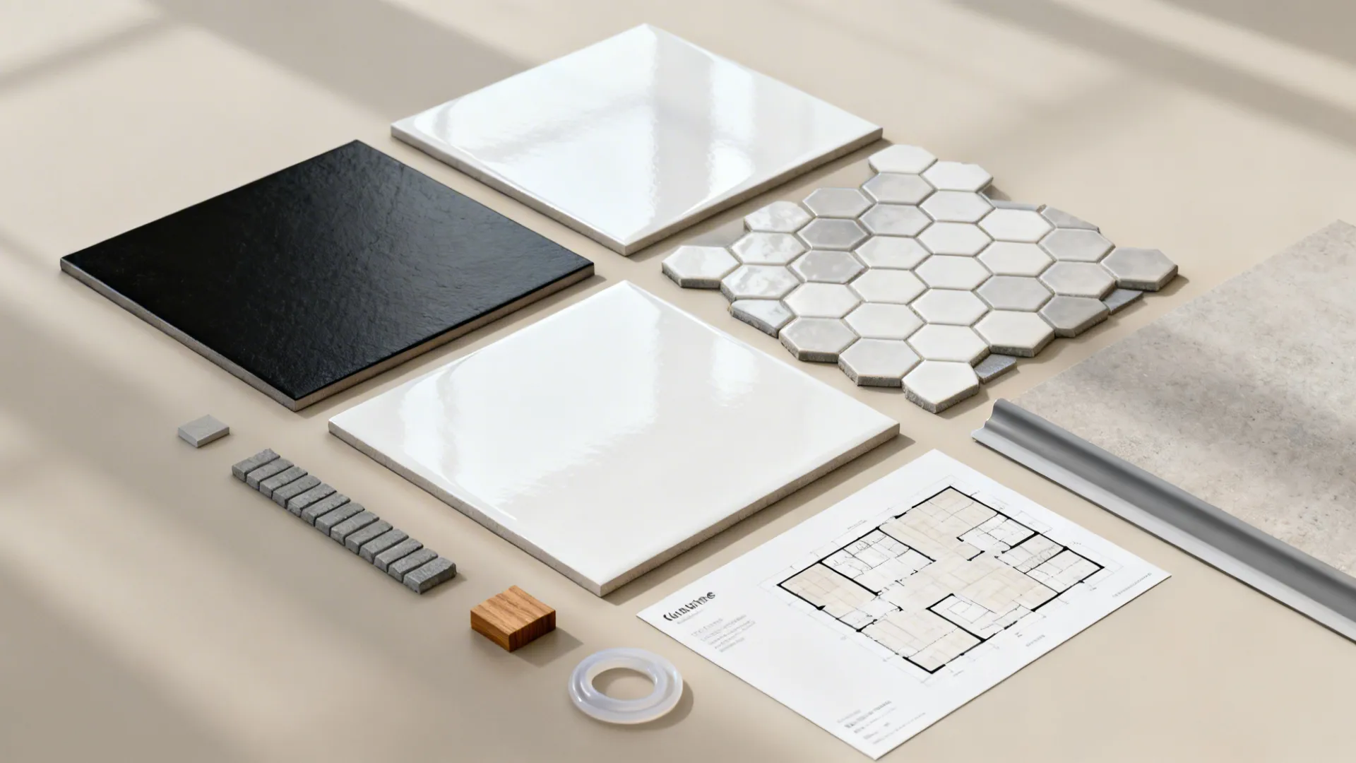 Flatlay of tile samples, grout strip, wood accent, and planner for black-and-white bathroom designs.