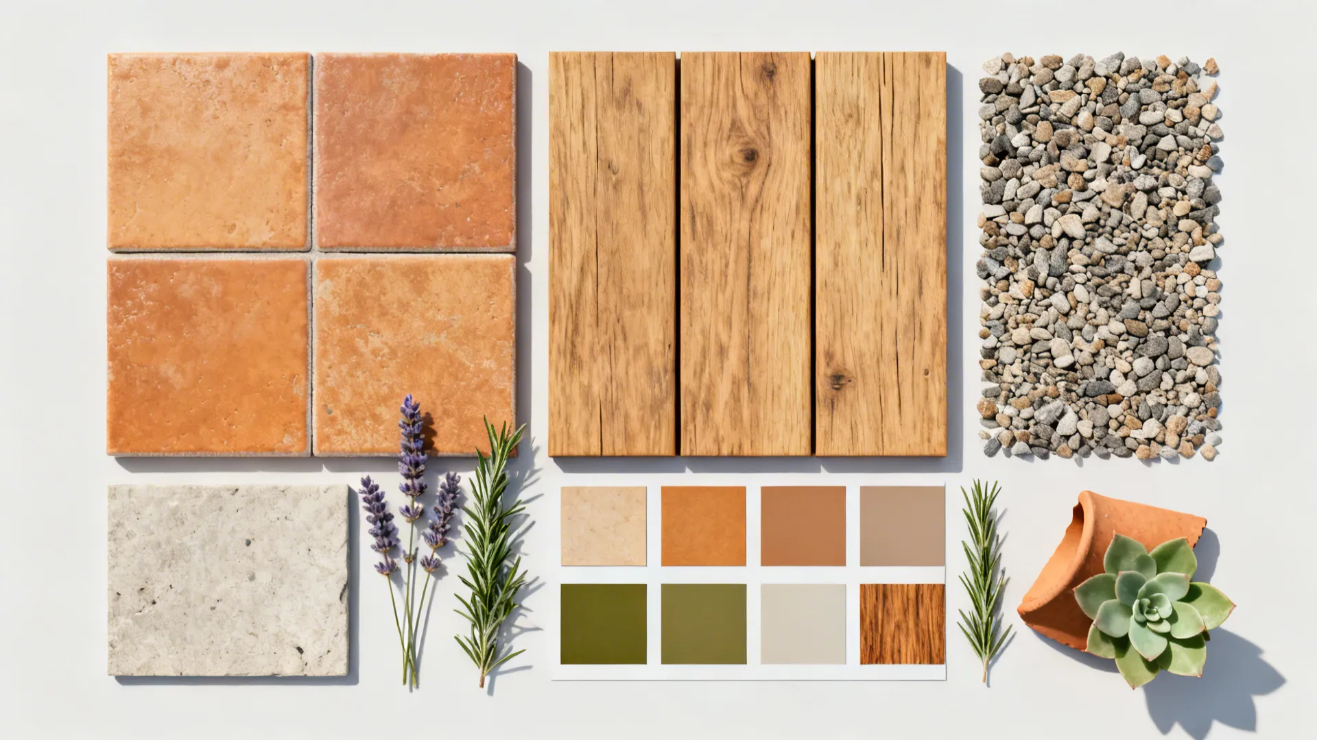Flatlay of material and plant swatches for small front yard planning