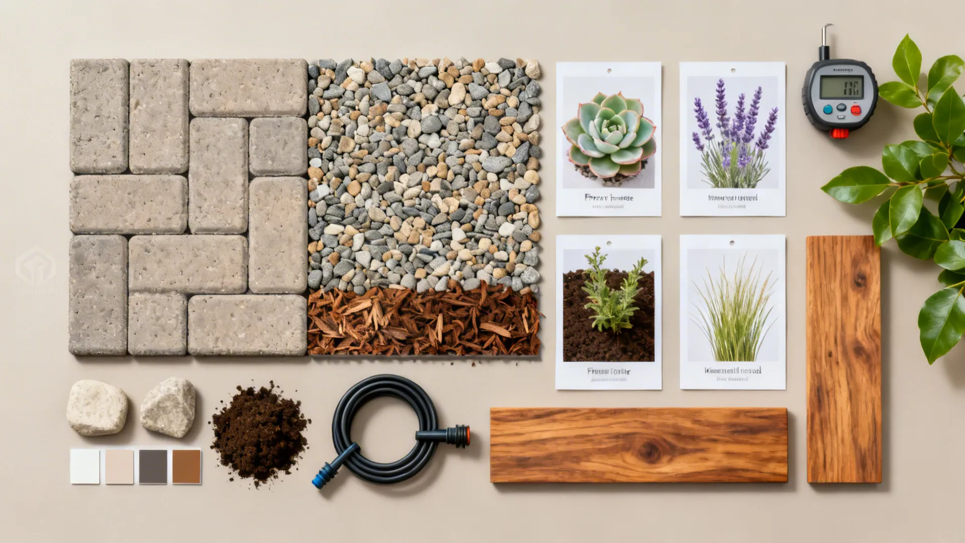 Top-down material flatlay showing paver samples, plant palette cards, mulch, and irrigation components.