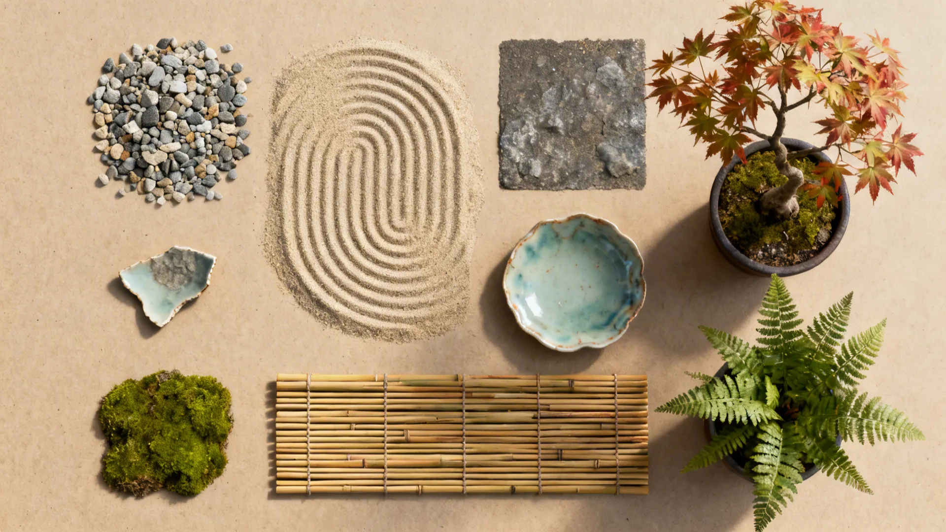 Material flatlay showing gravel, moss, stone, bamboo and plant samples for a compact Japanese garden.
