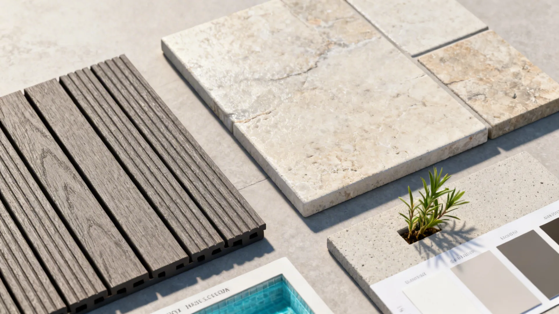 Flatlay of composite decking, sealed stone and porcelain paver samples with plant swatches for small pool materials.
