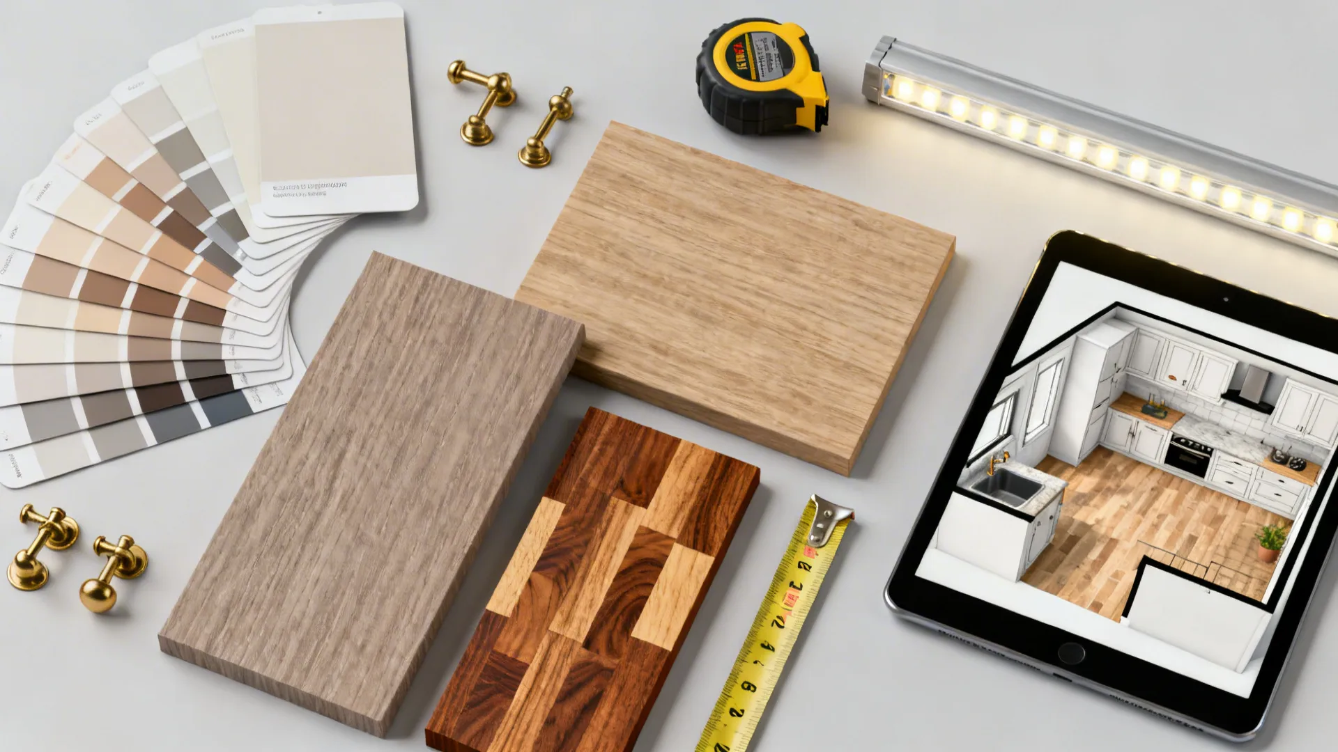 Flatlay of paint swatches, hardware, countertop samples and a tablet with a 3D floor plan