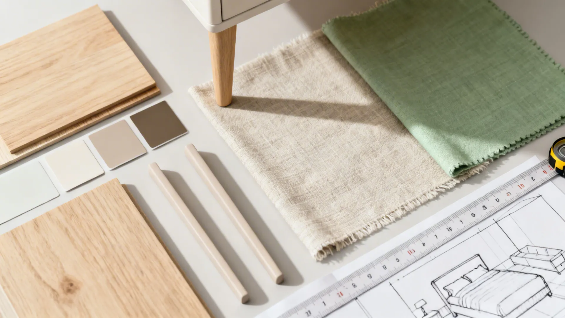 Flatlay of light wood swatches, fabric samples, paint chips and a room planner sketch for a small bedroom.