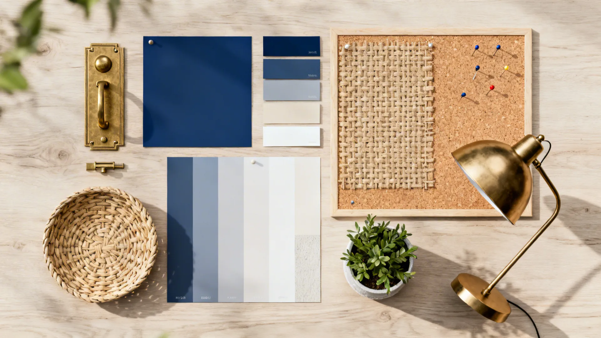 Flatlay of color swatches, brass hardware, cork board sample, woven basket and plant for office styling