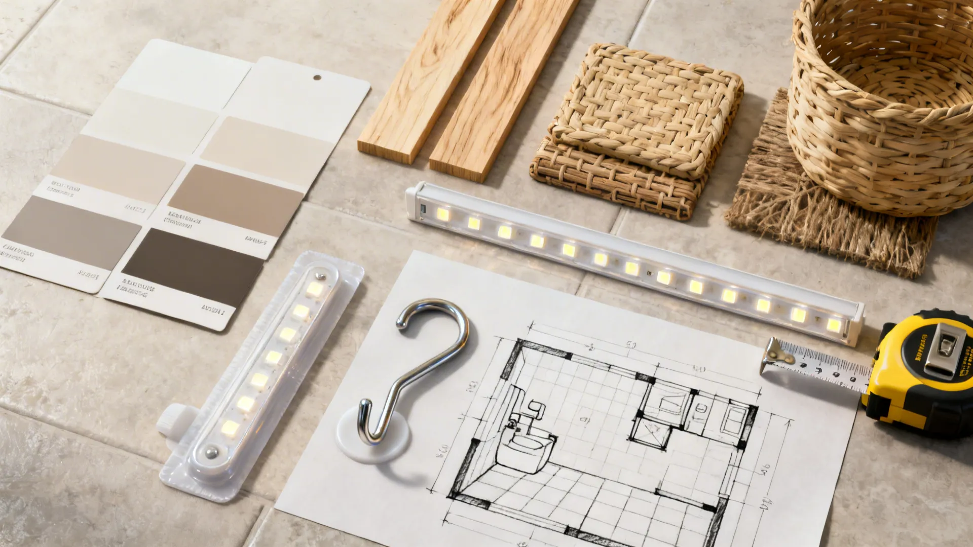 Top-down flatlay of material swatches, woven basket samples and a small bathroom floor sketch for planning storage upgrades.