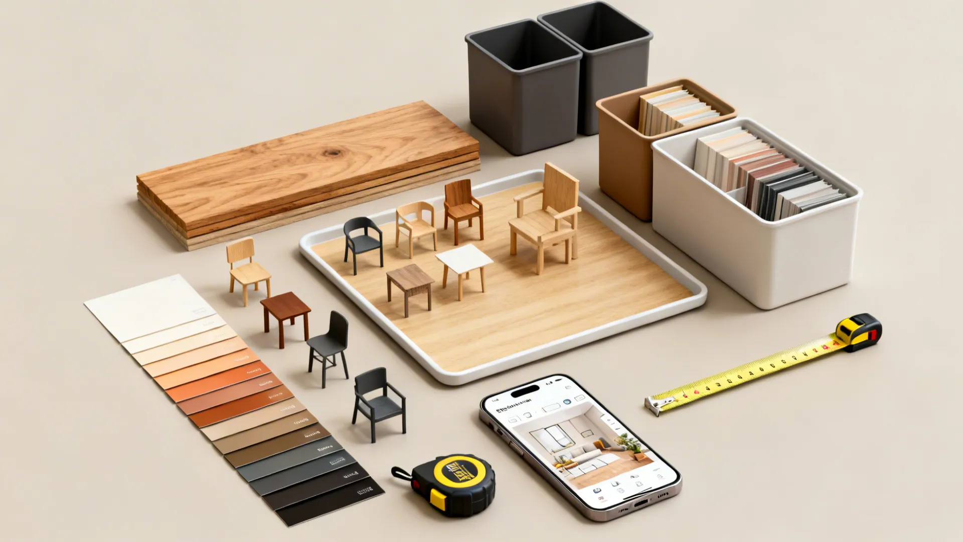 Flatlay of paint and wood swatches, small furniture cutouts and a phone showing a room planner.