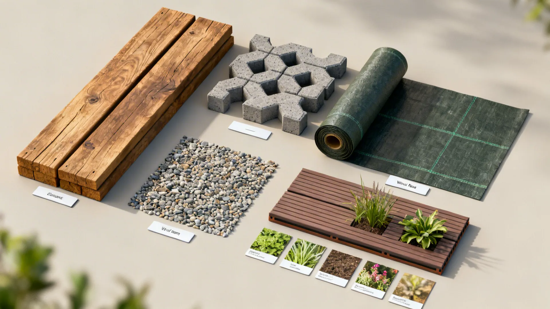 Flatlay of recycled timber, interlocking blocks, gravel and deck tile samples for slope projects.