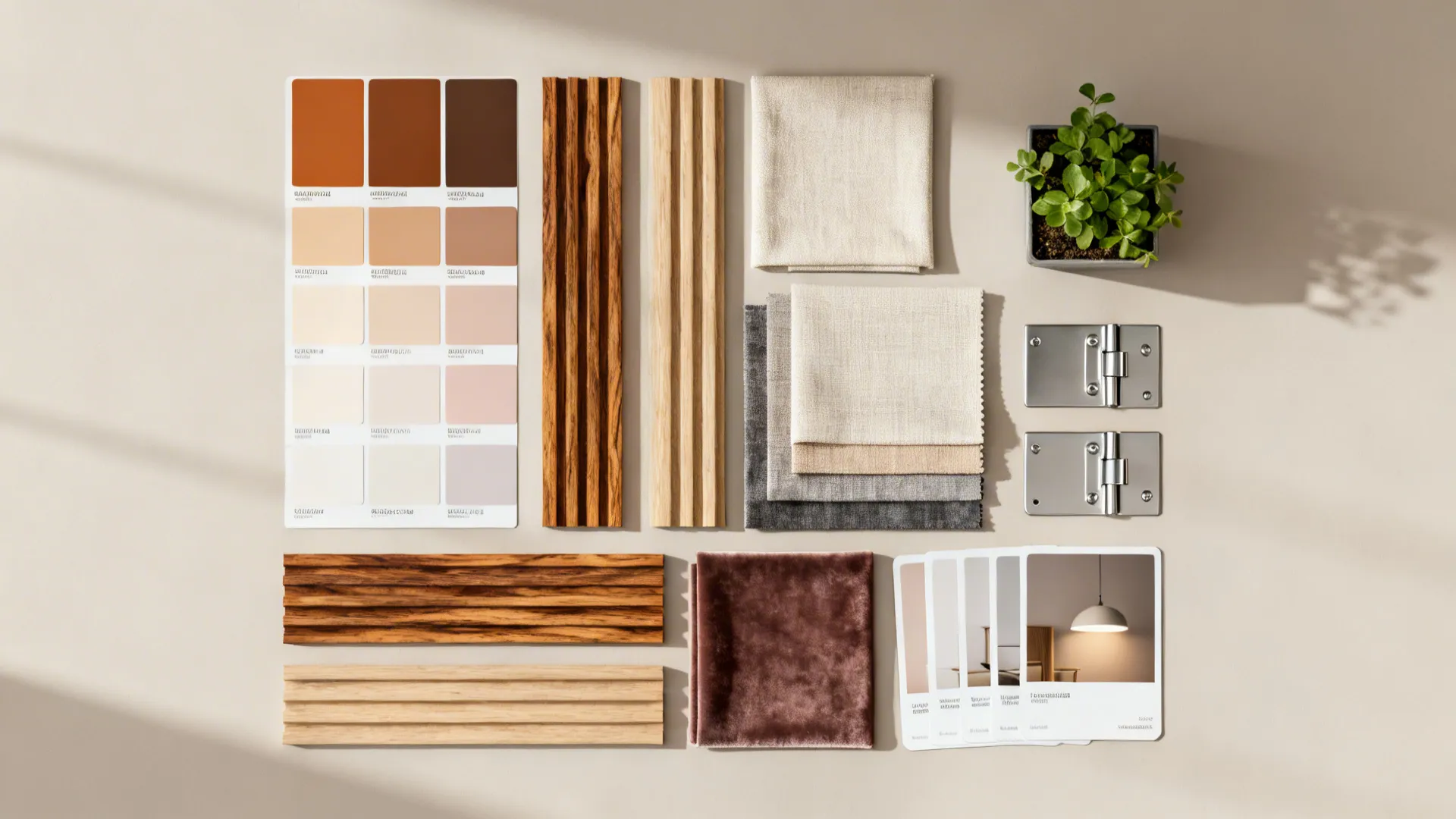 Flatlay of paint swatches, fabric samples, wood veneers and fixture finishes for small-space design.