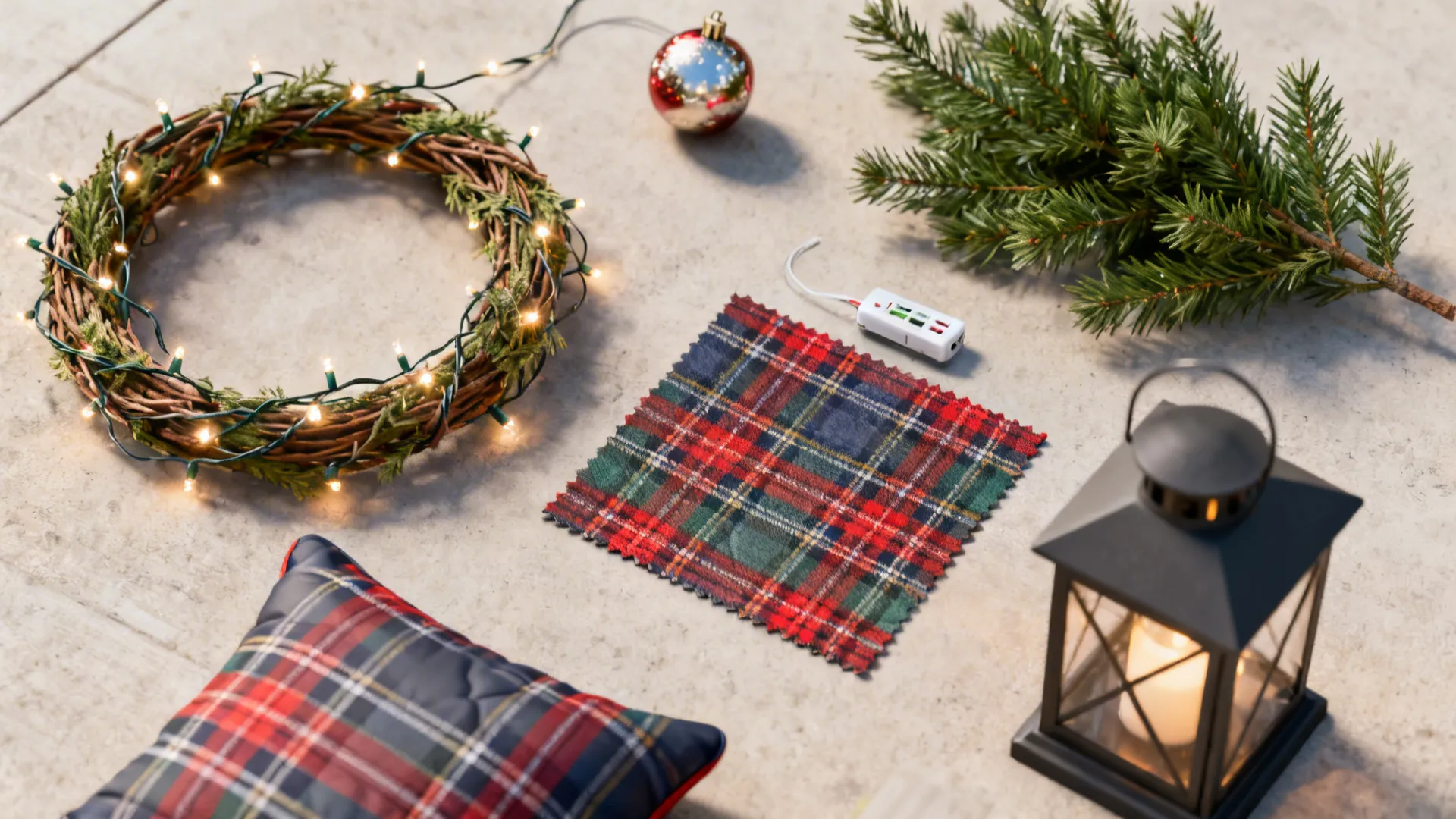 Flatlay of small porch decor items: wreath, evergreen sprig, ornament, LED string, fabric swatch, cushion sample, and lantern.