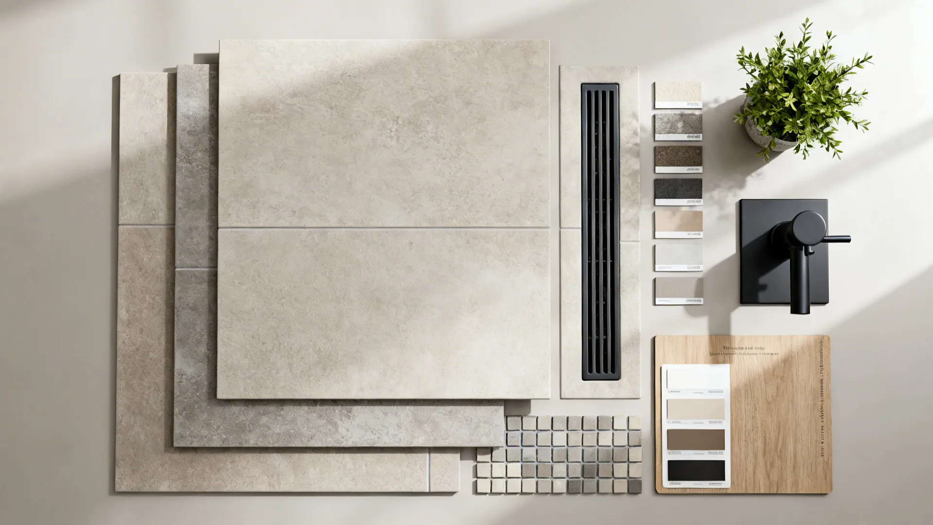 Flatlay of tile samples, grout chips, linear drain and fixture swatches for a shower design.