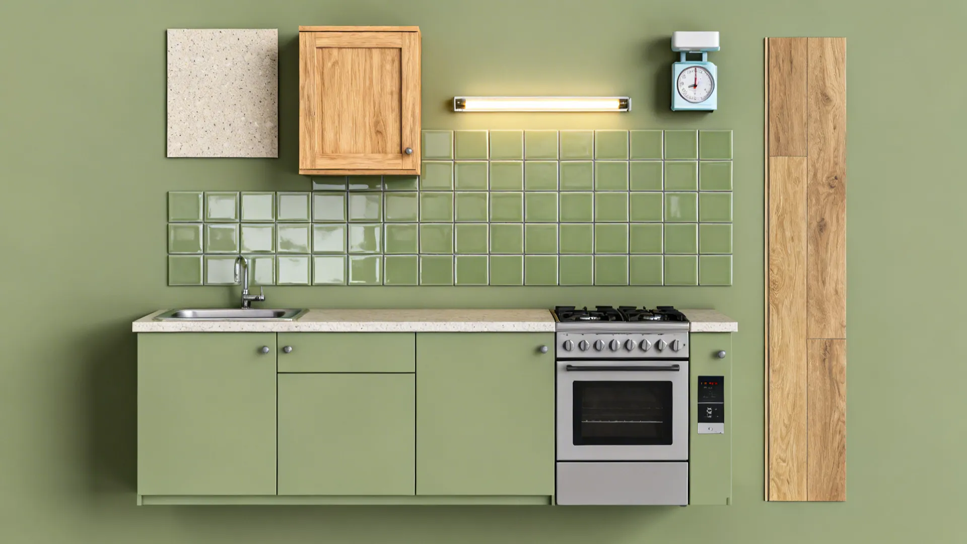 Top-down flatlay of material and color samples for a compact kitchen remodel.