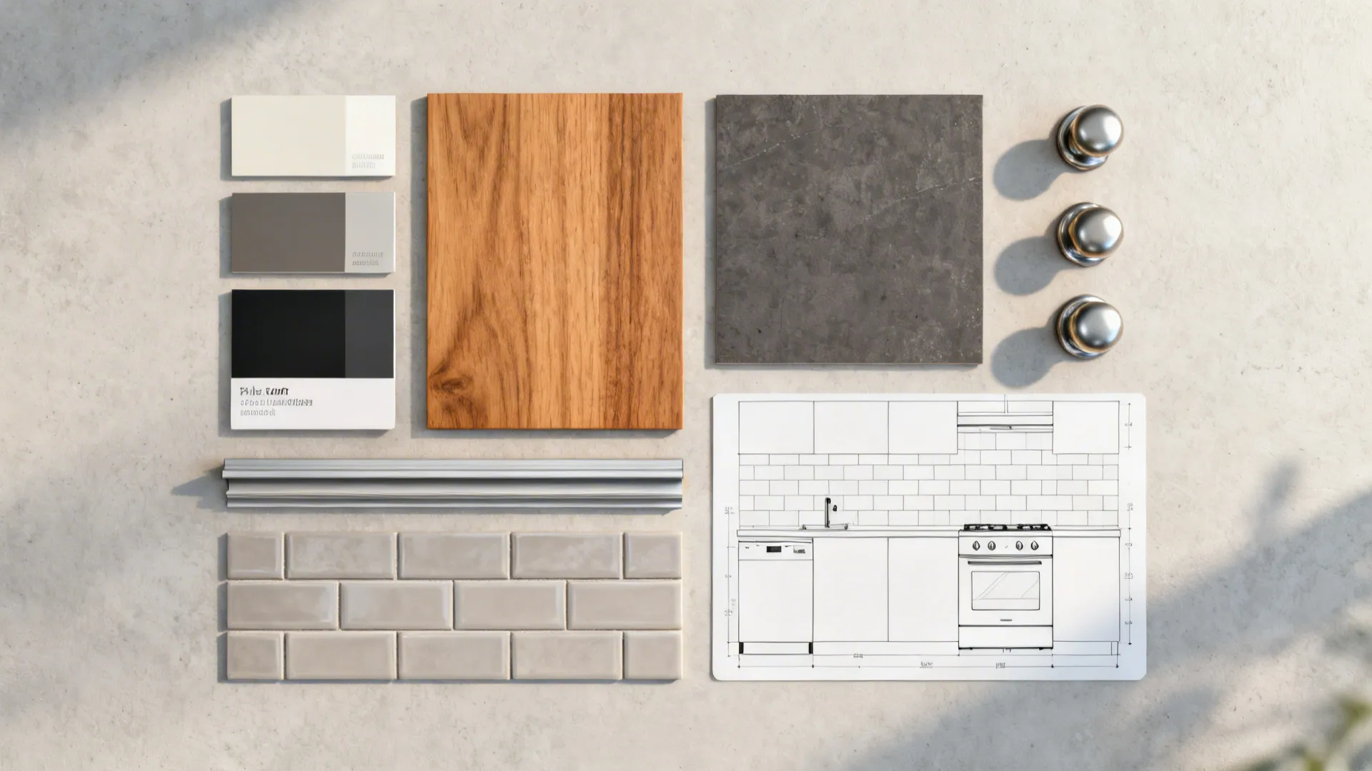 Top-down materials flatlay with paint swatches, hardware samples, and peel-and-stick backsplash sample