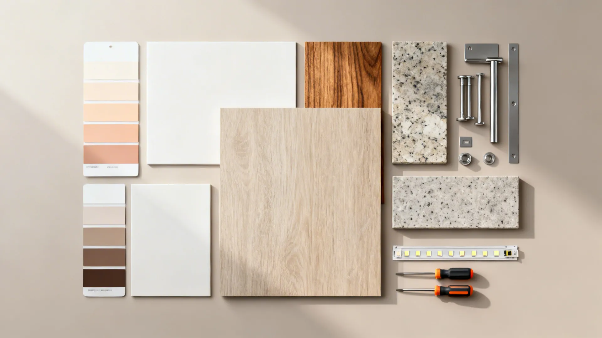 Material flatlay with paint swatches, wood veneer, countertop chip, hardware and LED sample for a small kitchen update.