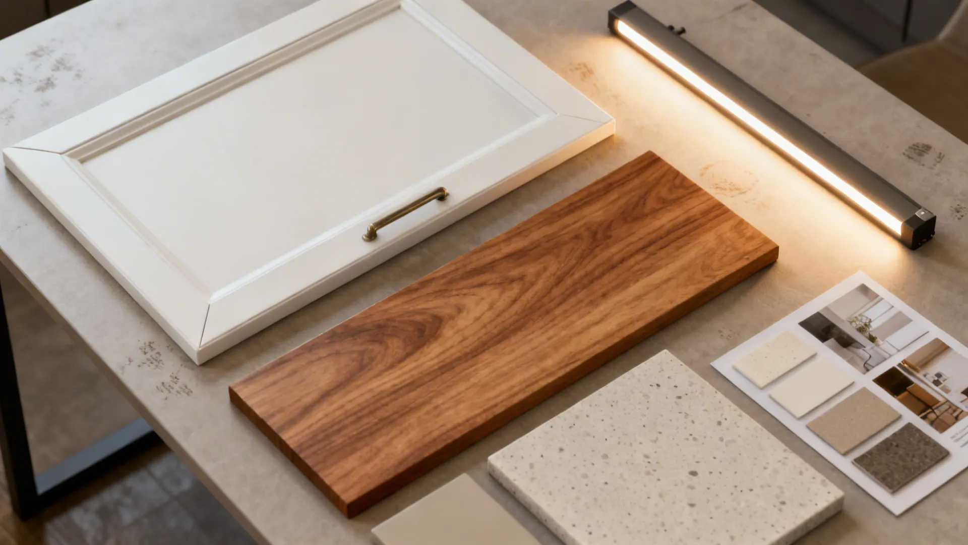 Material flatlay with satin white, warm wood samples and LED lighting swatch for a bright small kitchen.