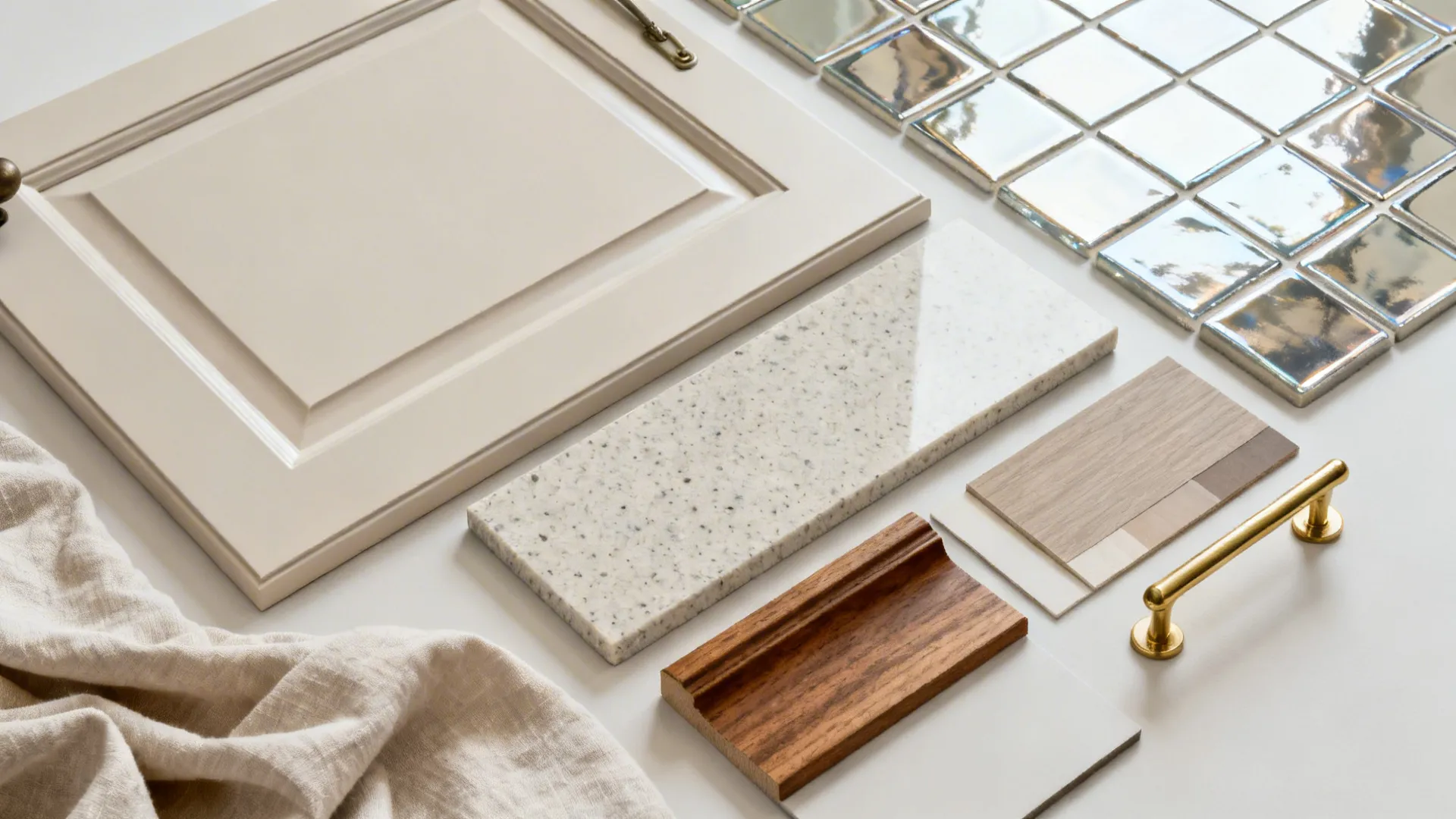 Flatlay of pale cabinetry, low-contrast countertop, reflective backsplash and warm wood accents for a cohesive kitchen palette