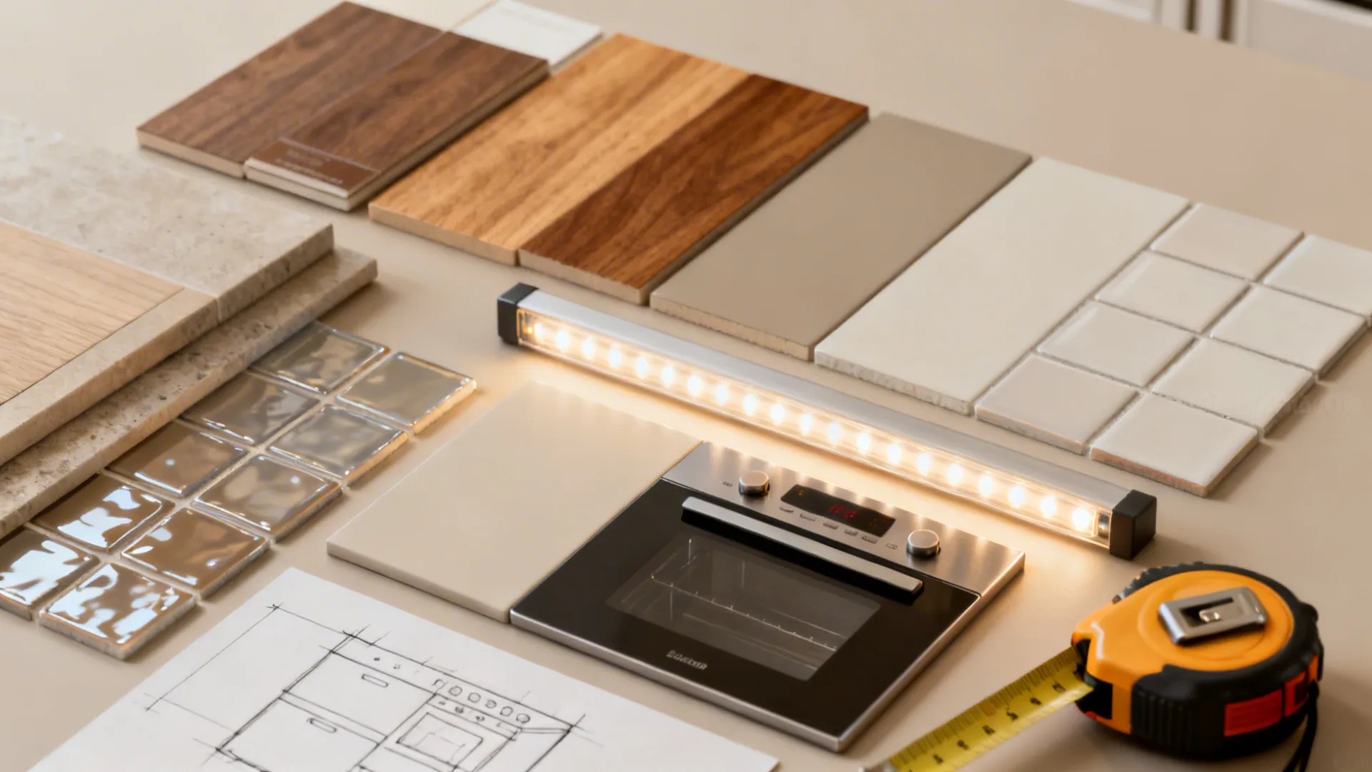 Material and finish flatlay for planning a small kitchen remodel with swatches and tools