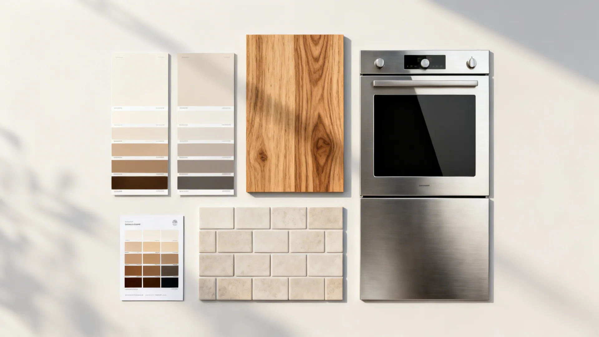 Flatlay of kitchen finish samples including paint, wood veneer, tile and stainless steel for condo renovation planning.