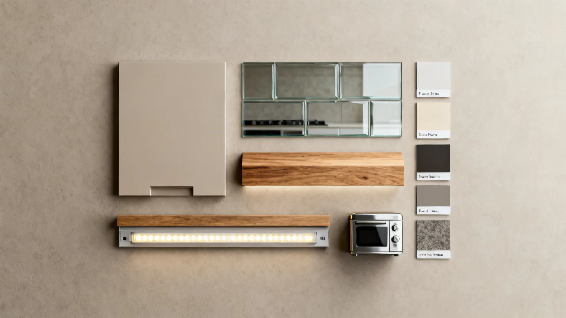 Flatlay of kitchen finish samples including matte cabinet panel, glass backsplash, wood edge and LED strip sample.