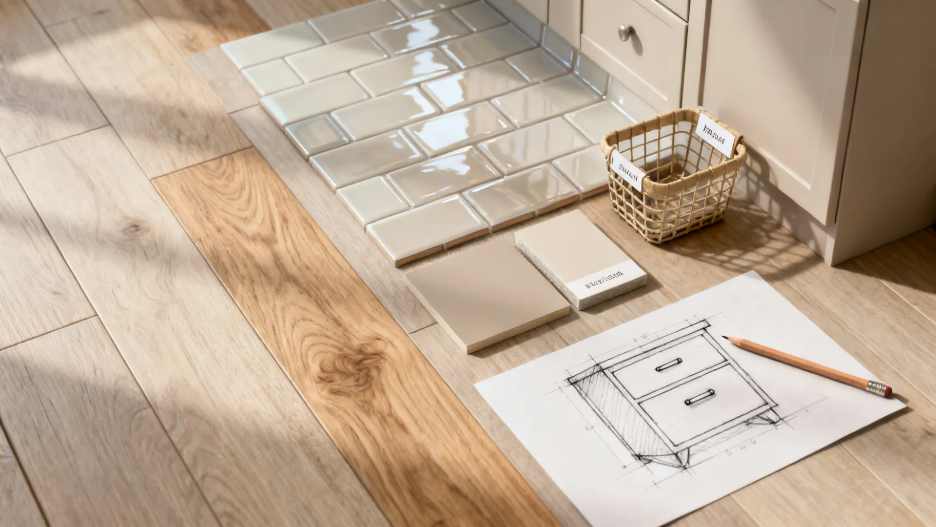 Flatlay of flooring, cabinet, and backsplash samples with a simple drawer sketch for a small kitchen sketching exercise.