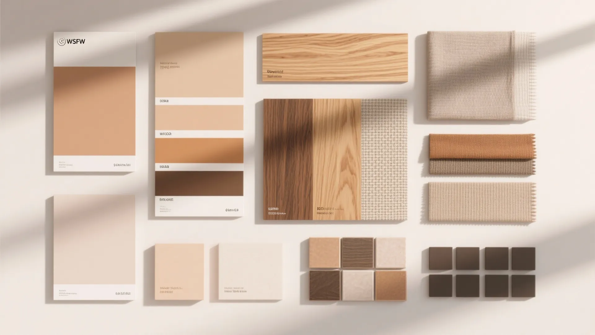 Interior design material flatlay with wood samples fabric swatches color palettes and small brown tiles
