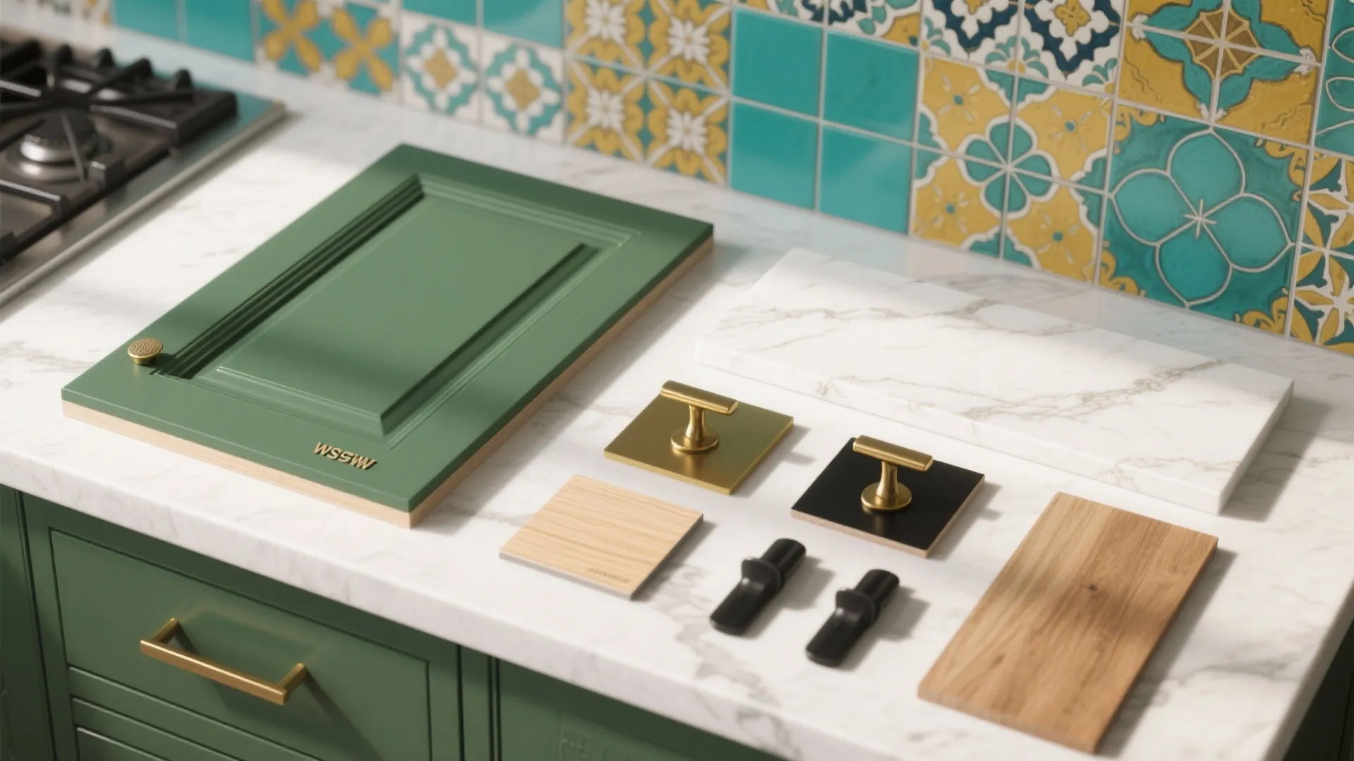 Green cabinet door samples with gold handles and marble stone on a white kitchen countertop surface