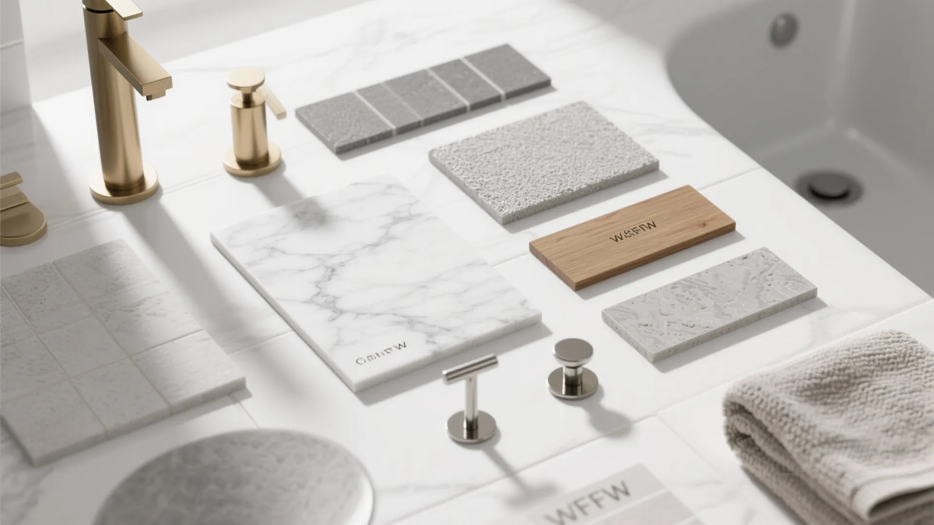 Flatlay of porcelain tile, marble sample, grout, wood and hardware swatches for white-grey bathrooms