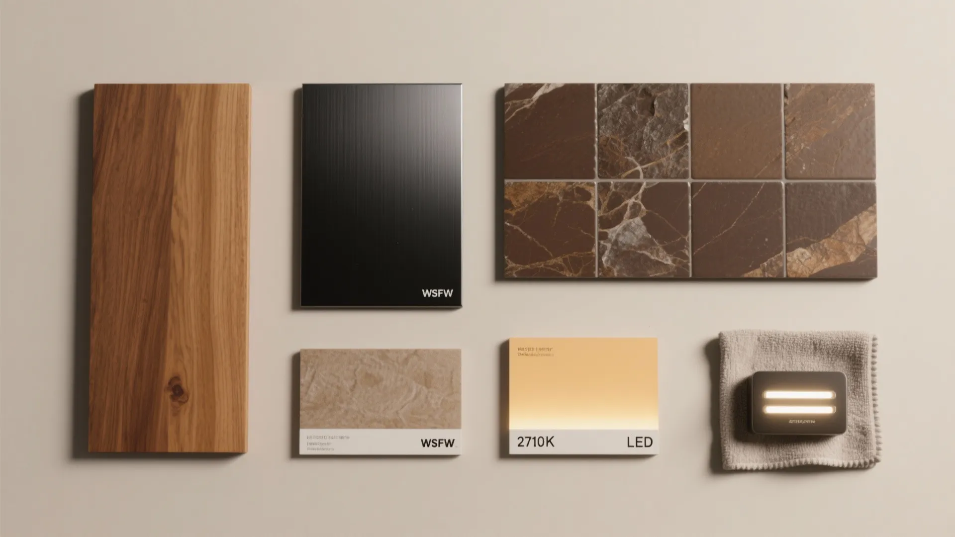 Interior design material samples including wood panel black board brown stone tiles and warm light fixture