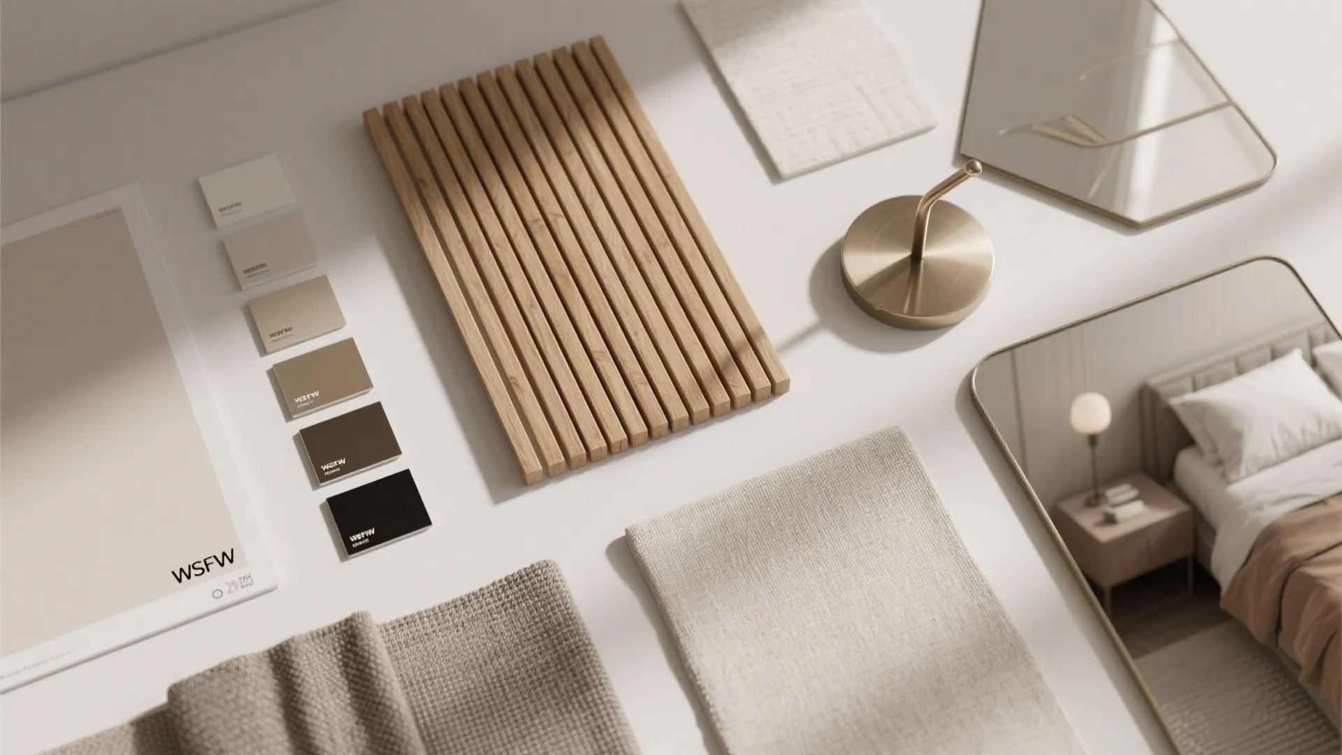 Flatlay of paint swatches, wood and fabric samples for small bedroom styling.