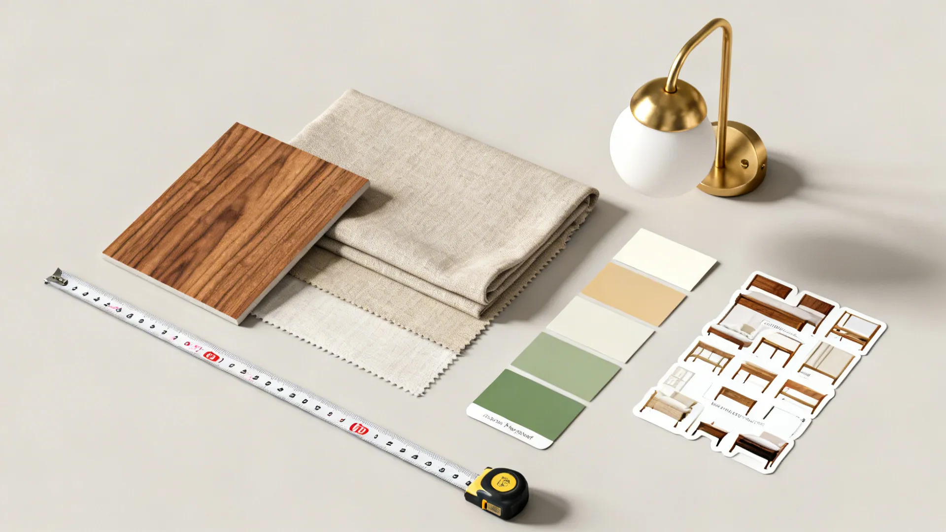 Flatlay of wood, fabric, and paint samples for planning a compact bedroom with a king bed