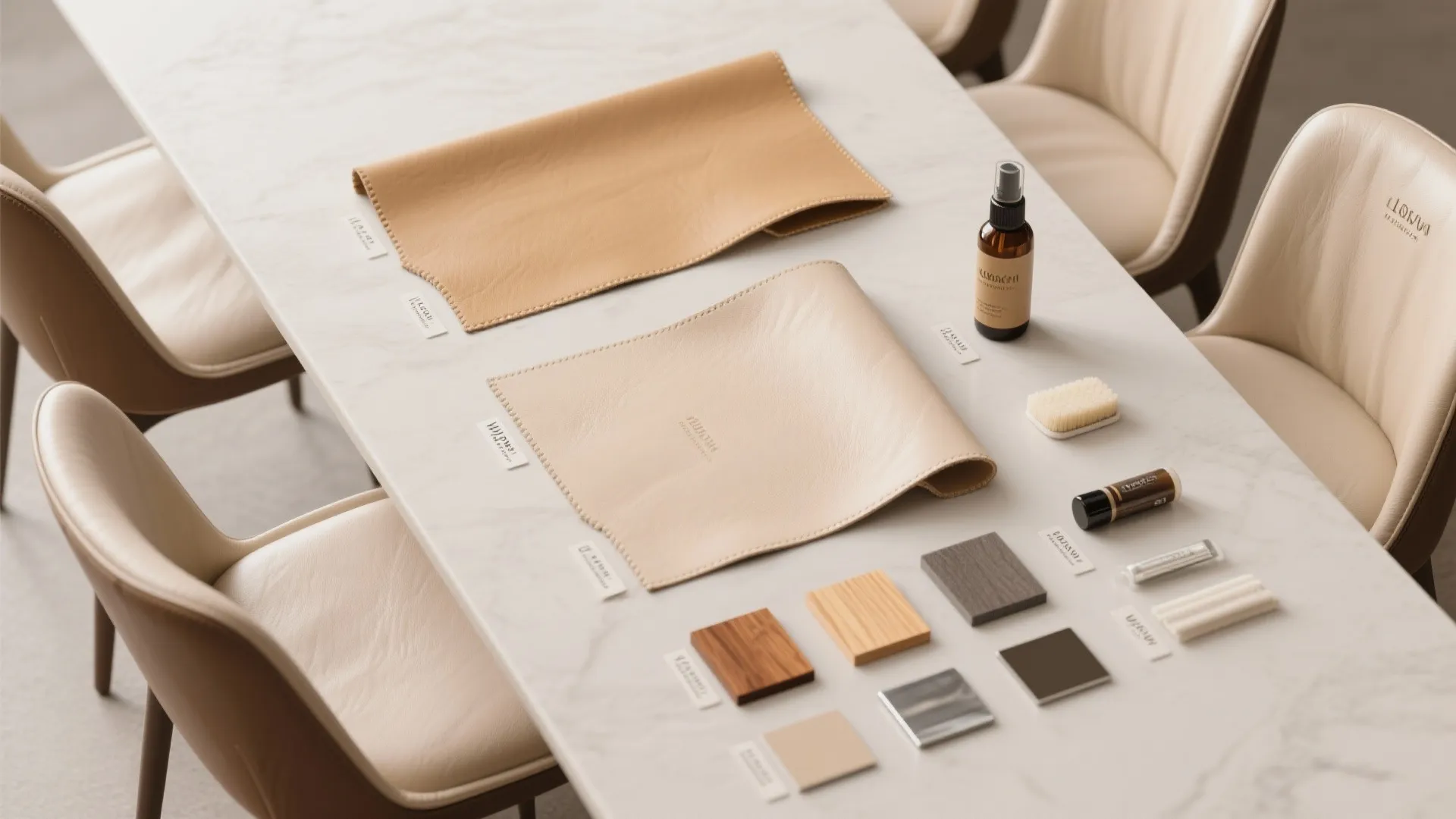 Interior design material samples and leather pieces on a marble table with beige dining chairs