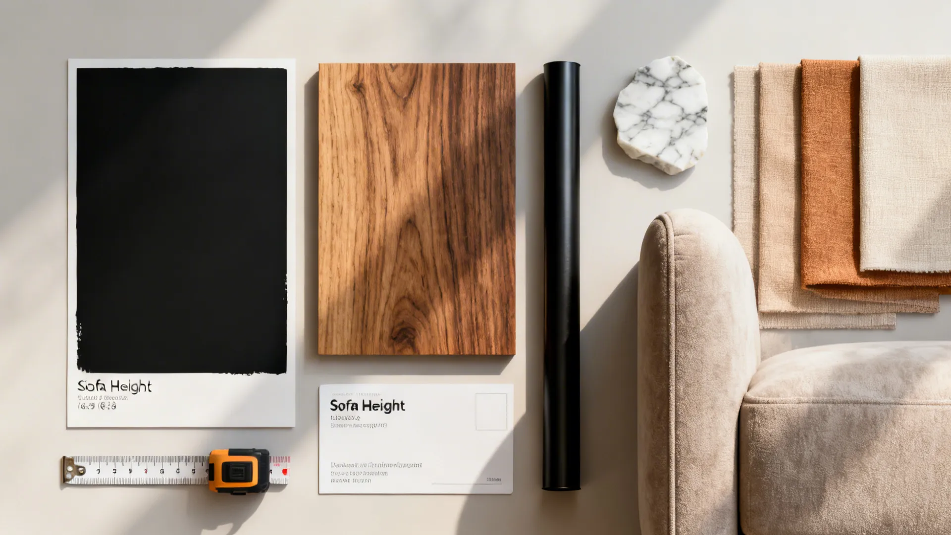 Flatlay of material samples: matte black swatch, wood, marble chip, textiles and measuring tape for end table selection.