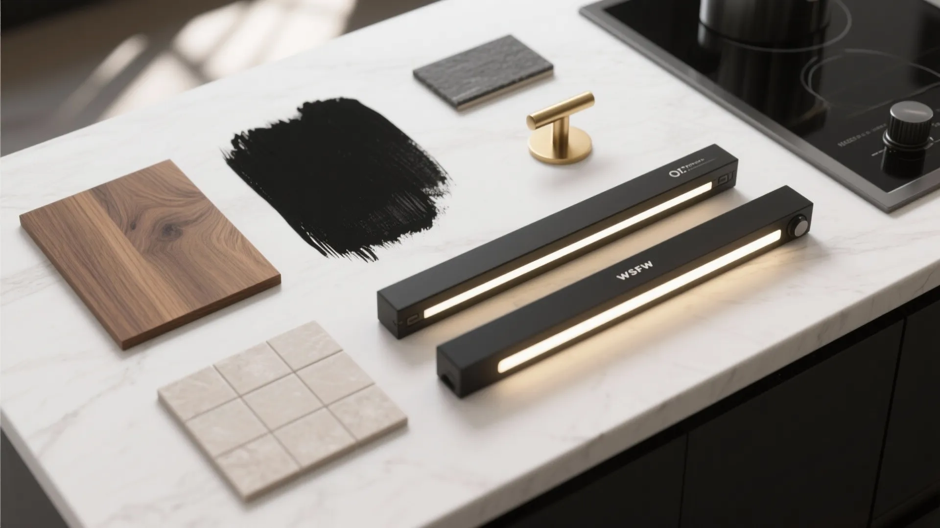 Material board with wood sample black paint gold handle small tiles and two light fixtures