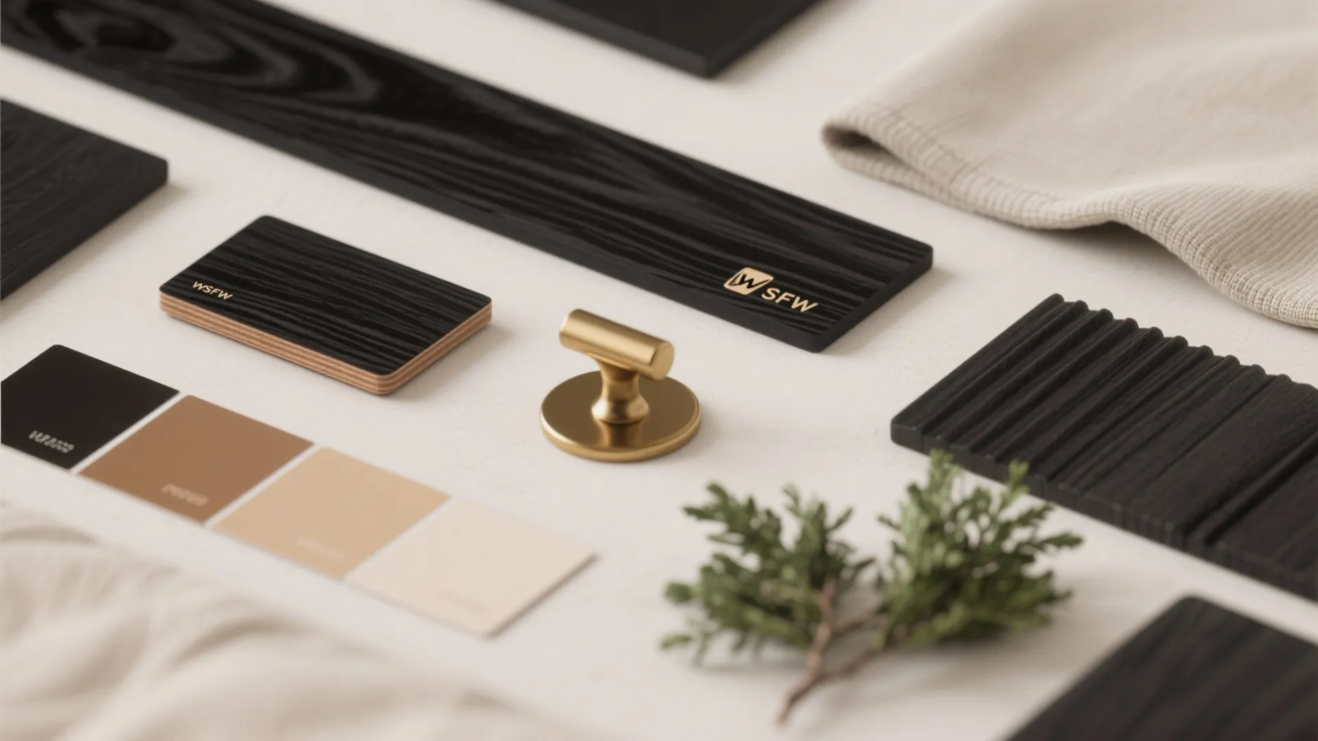 Interior design material samples including black wood panels gold cabinet handle color palette and fabrics