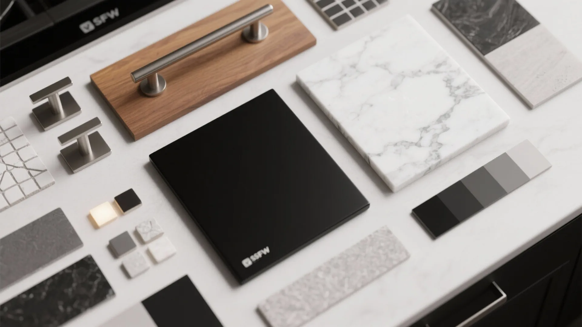 Interior design material samples showing marble tiles wood pieces black panels and metal cabinet handles