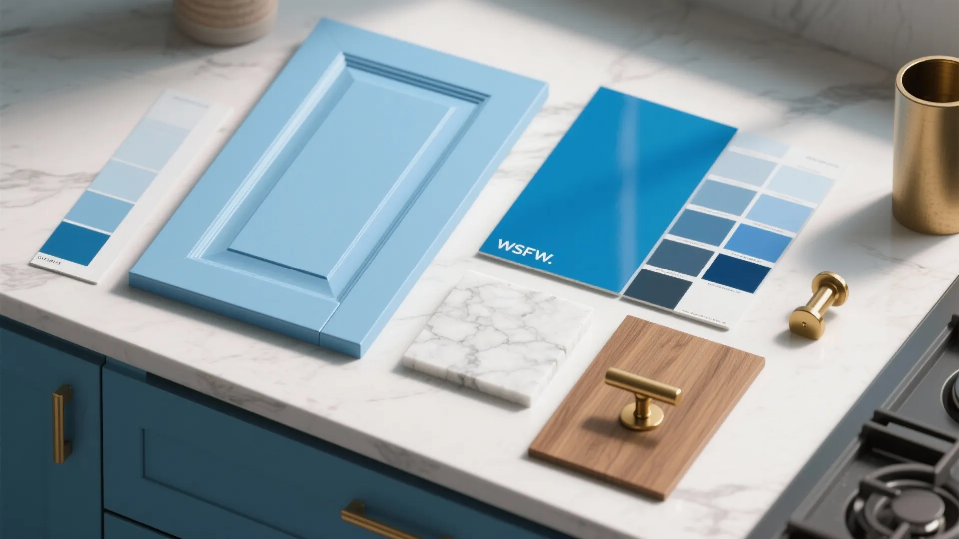 Interior design materials including blue cabinet door, wood sample, marble tile, and gold handle hardware