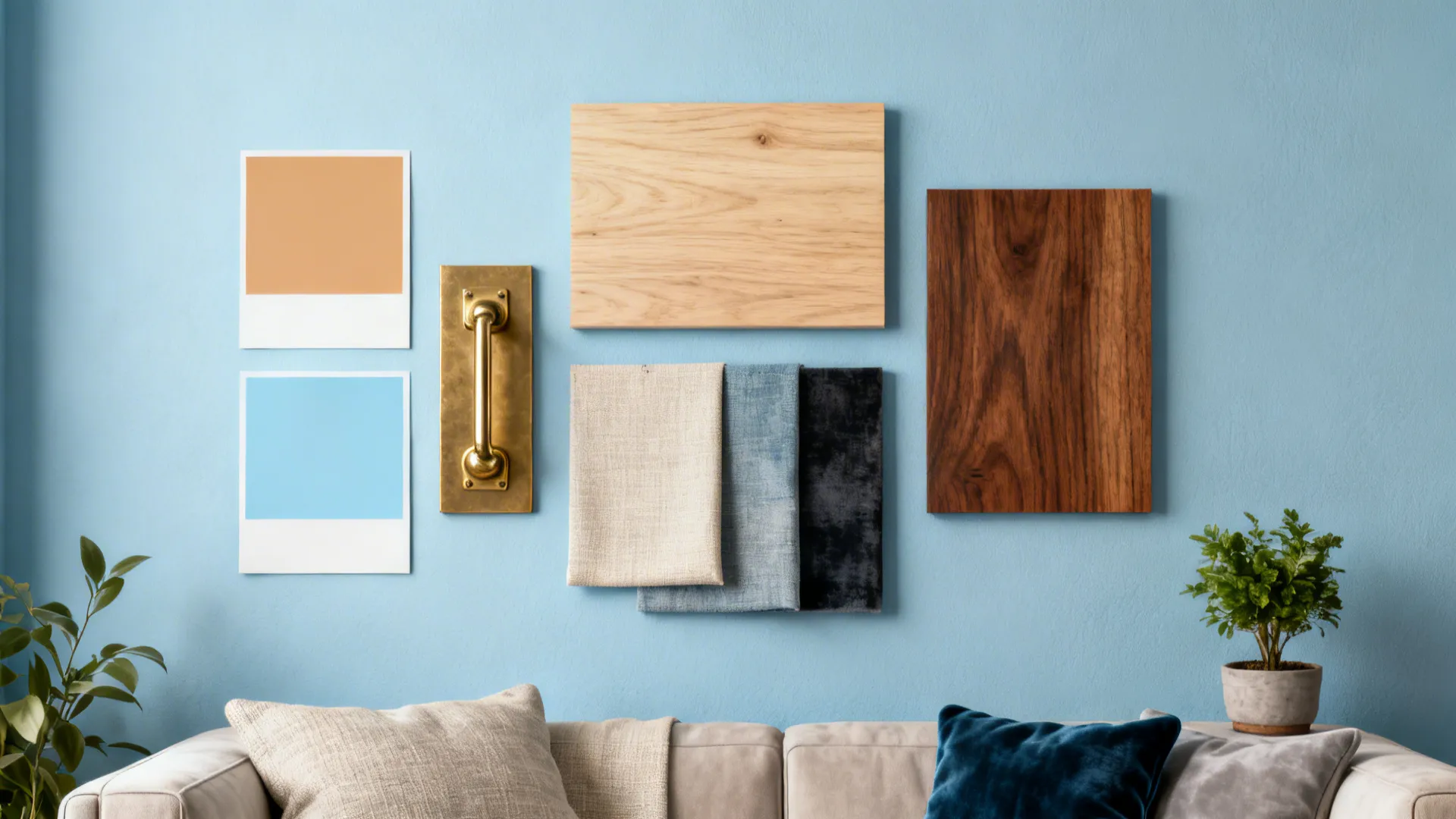 Top-down flatlay of paint swatches, wood samples and fabric swatches for light blue living room schemes