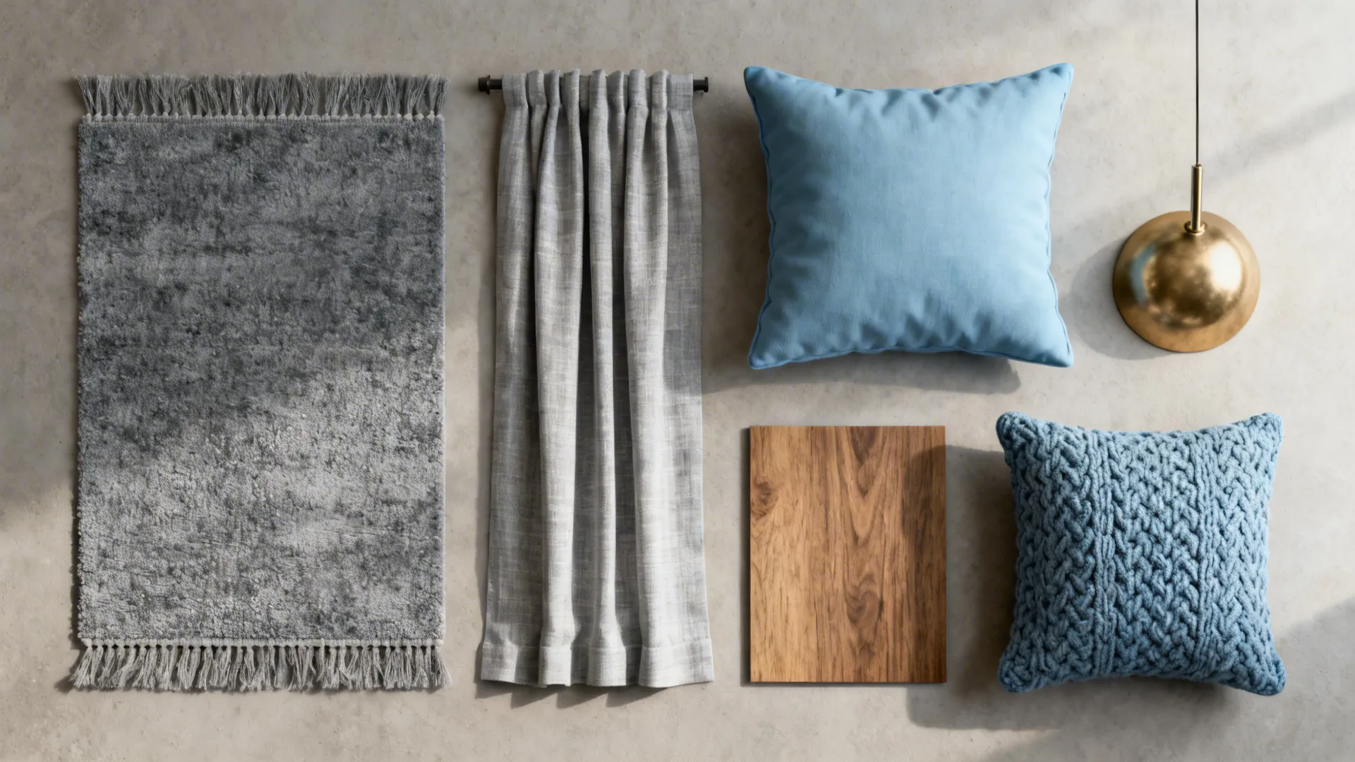 Flatlay of gray and light-blue material samples with brass and oak swatches.