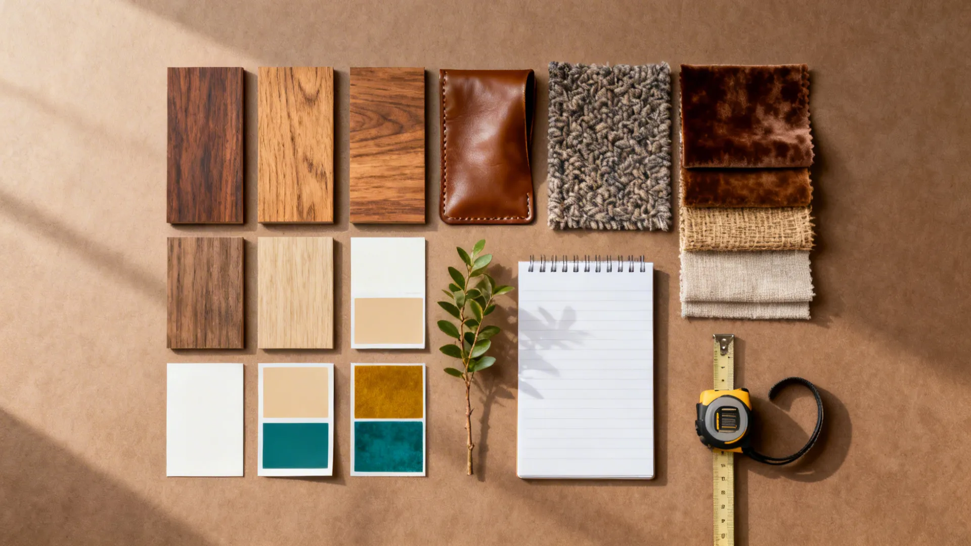 Top-down flatlay of wood, leather, fabric swatches and paint chips for planning a brown living room.