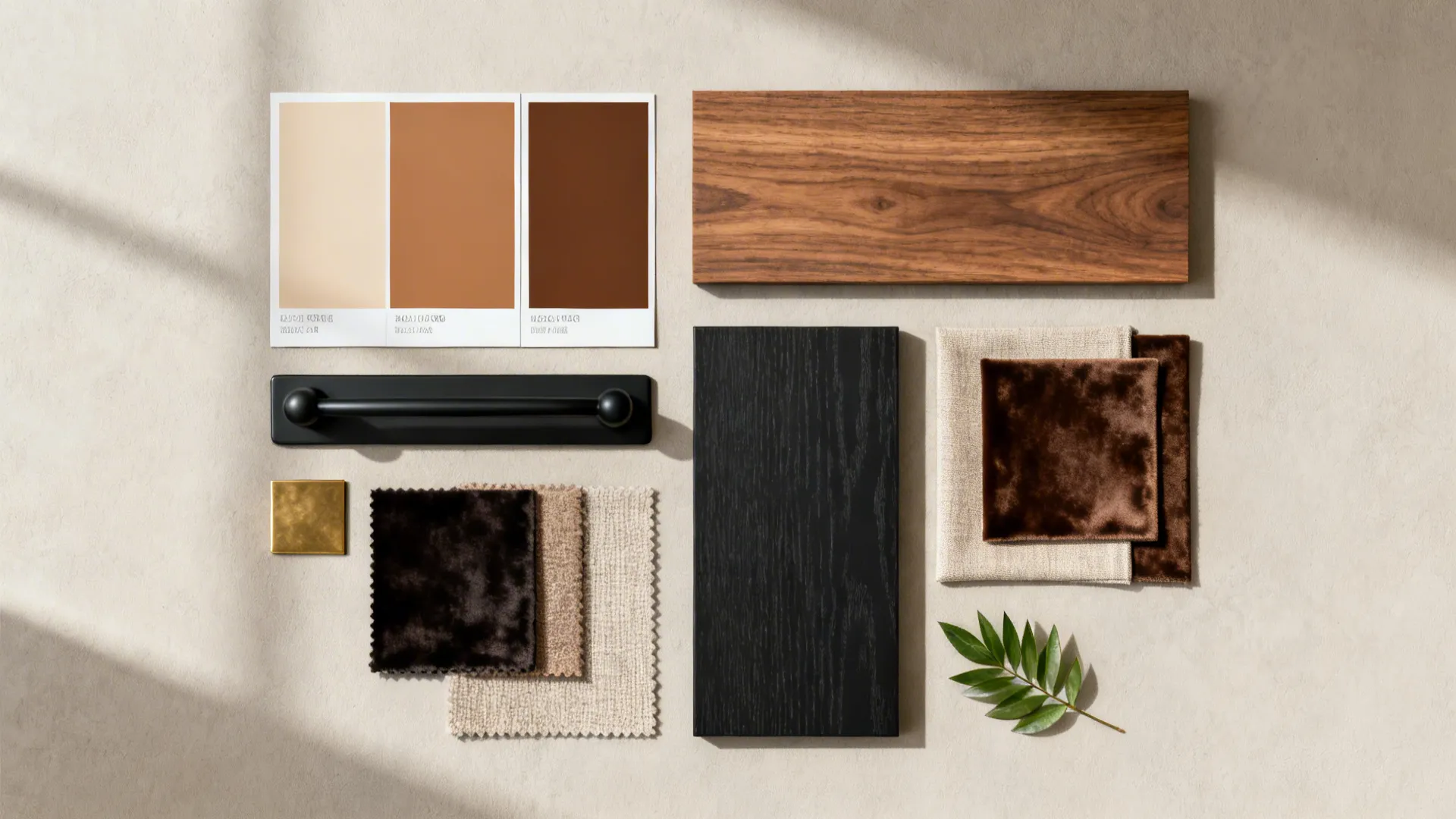 Top-down flatlay of paint swatches, wood and fabric samples for a brown and black palette.