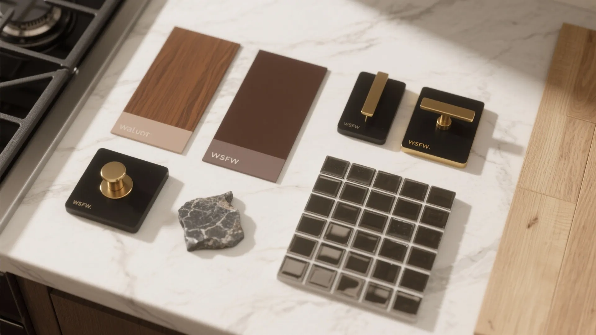 Flatlay of brown paint swatches, hardware samples, countertop and tile chips for kitchen planning