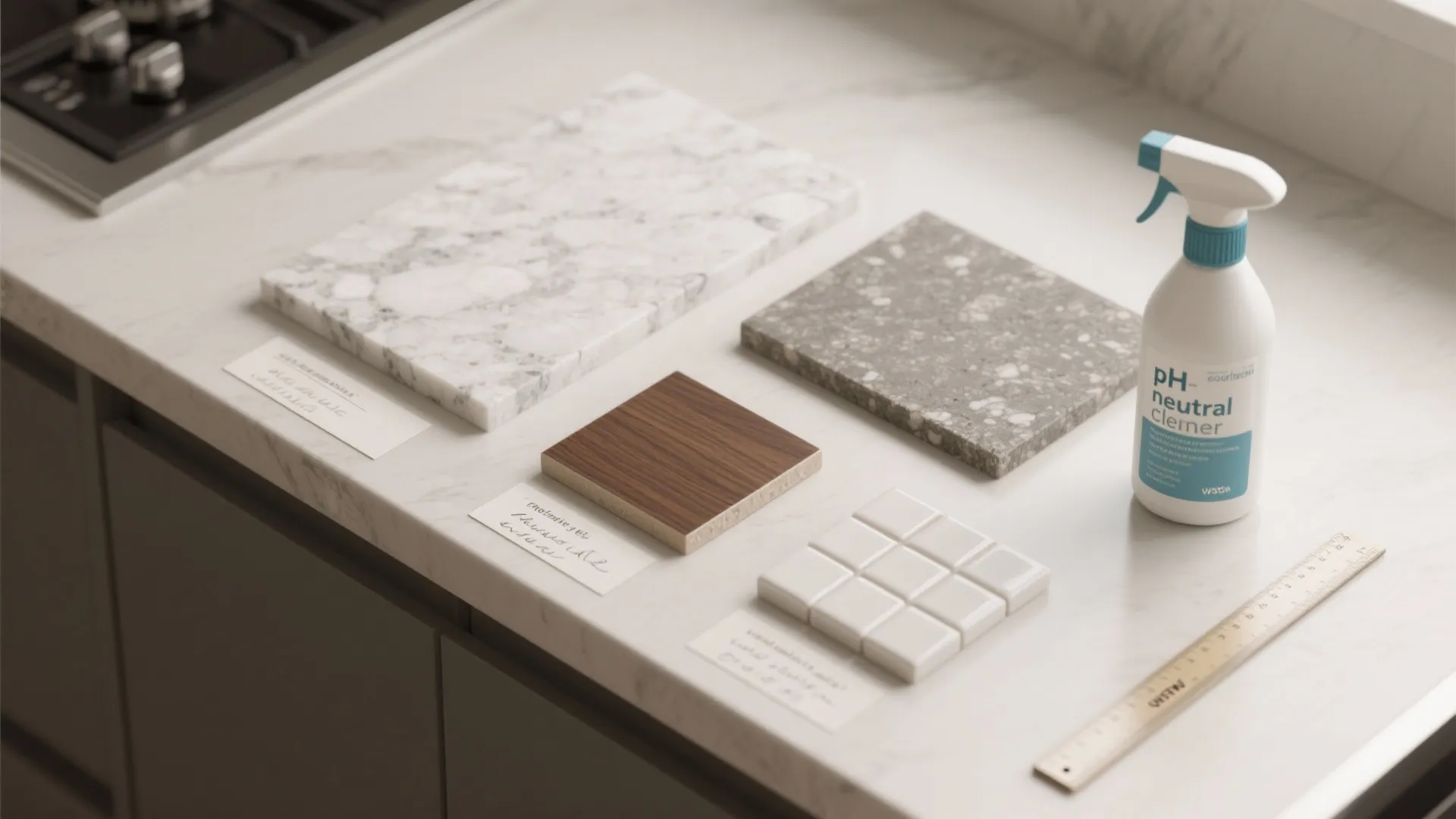 Flatlay of honed white granite, wood veneer, tile sample and cleaning essentials for budgeting choices.