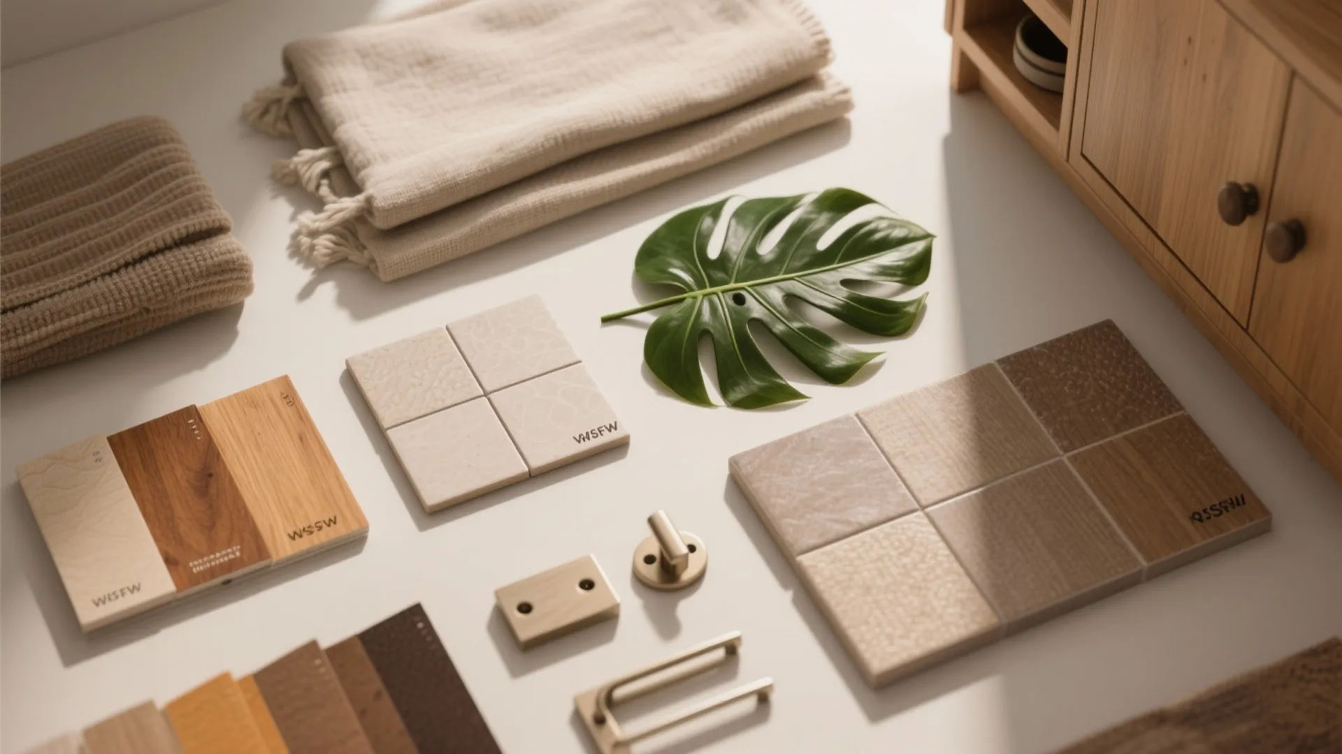 Interior design material board with wood samples floor tiles fabric swatches and a green leaf
