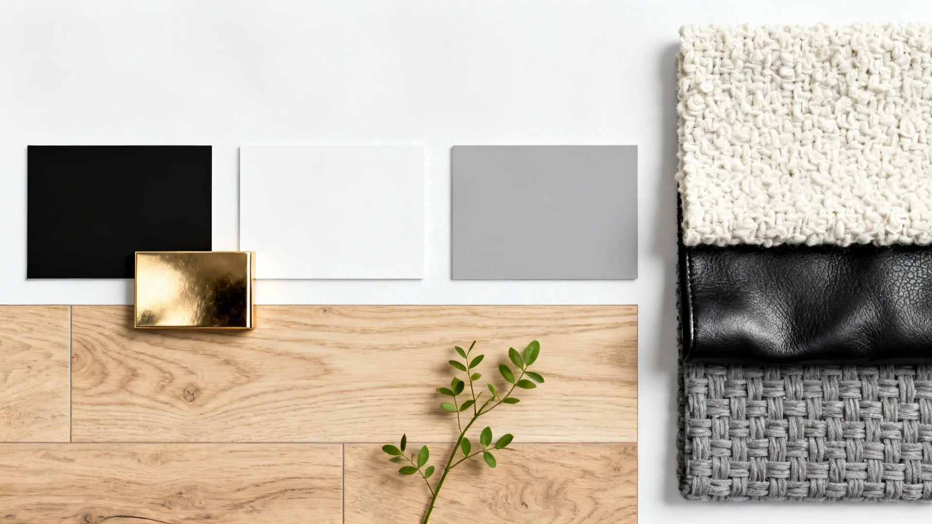 Top-down flatlay of paint chips, wood and fabric swatches, brass sample and plant for a black-and-white scheme.
