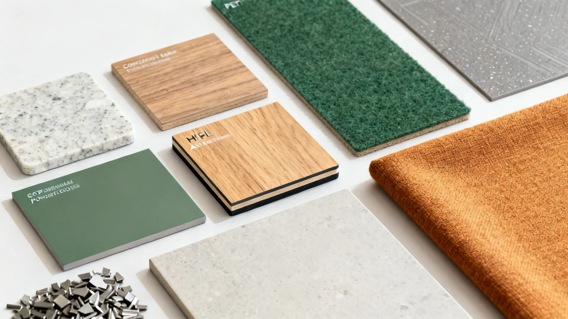 Flat lay of quartz, compact laminate, HPL with ABS edge, PET felt, epoxy and porcelain tiles.