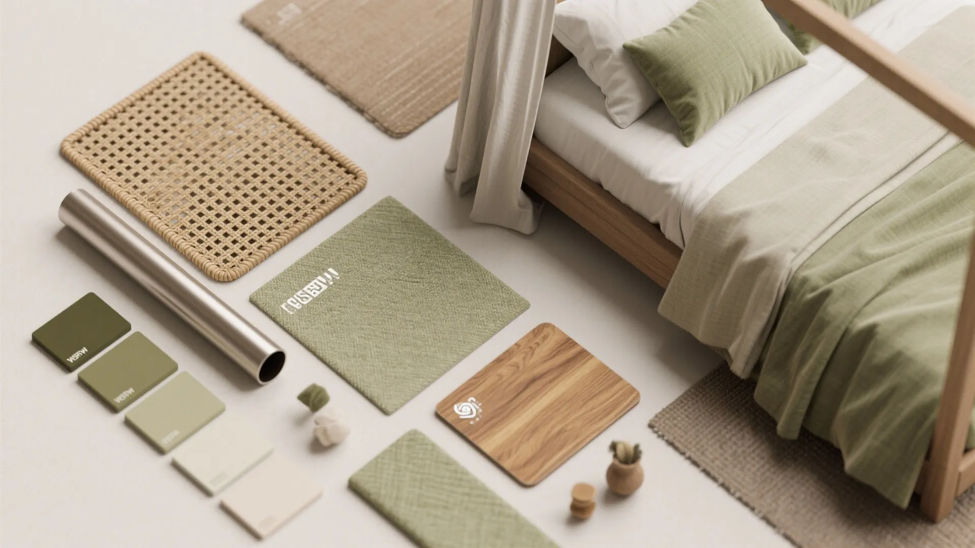 Interior design material board with green fabric samples wood panels and woven mats for bedroom