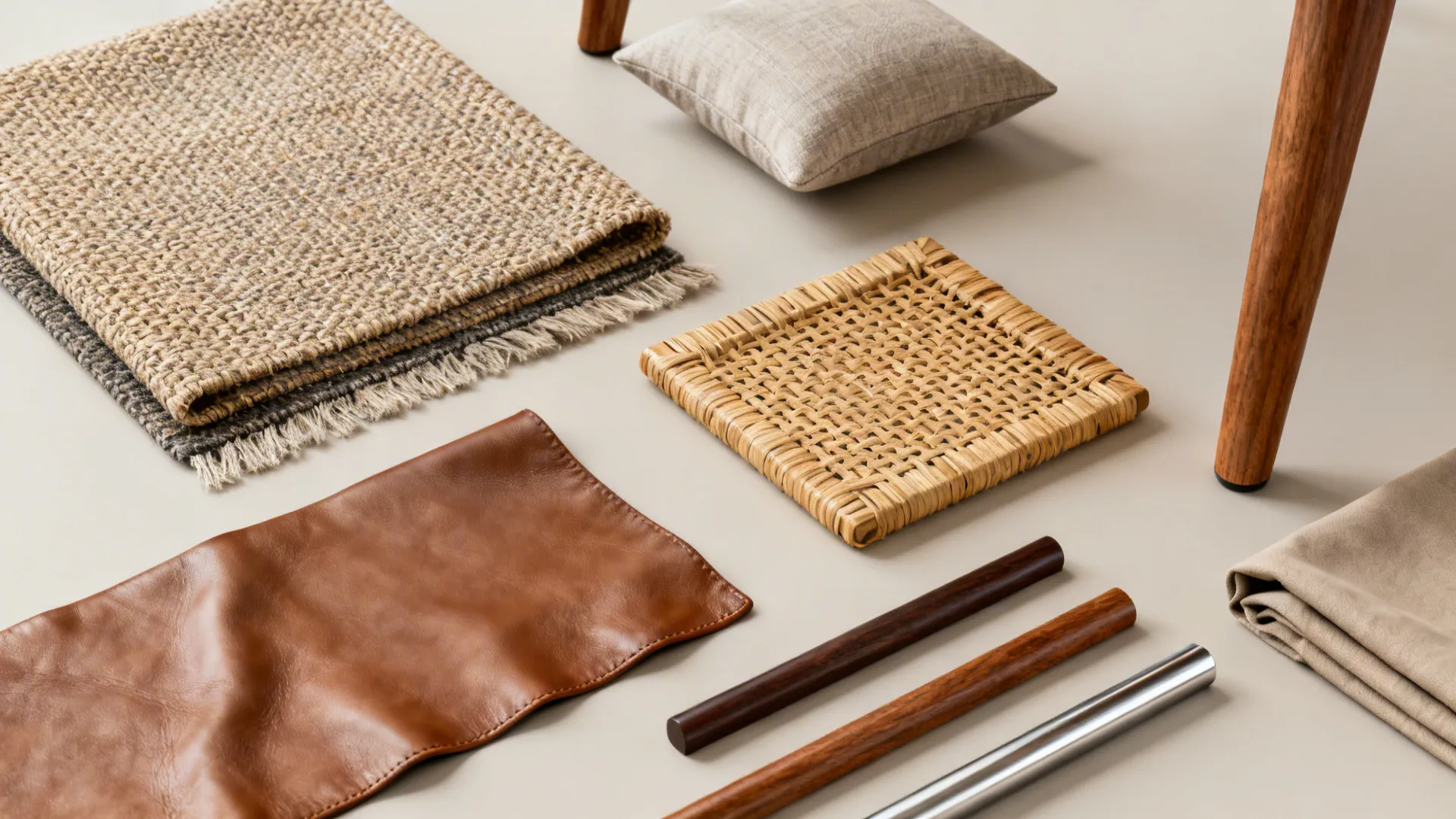 Flatlay of fabric and finish samples for affordable accent chairs including synthetics, faux leather and rattan